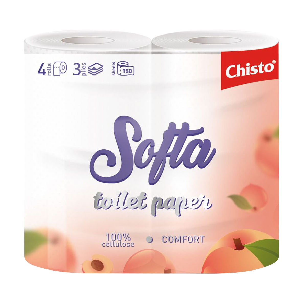 Туалетний папір Chisto Softa Comfort 3-шаровий, 150 відривів, персиковий, 4 рулони