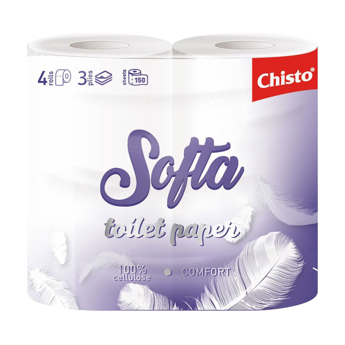 Туалетний папір Chisto Softa Comfort 3-шаровий, 150 відривів, білий, 4 рулони
