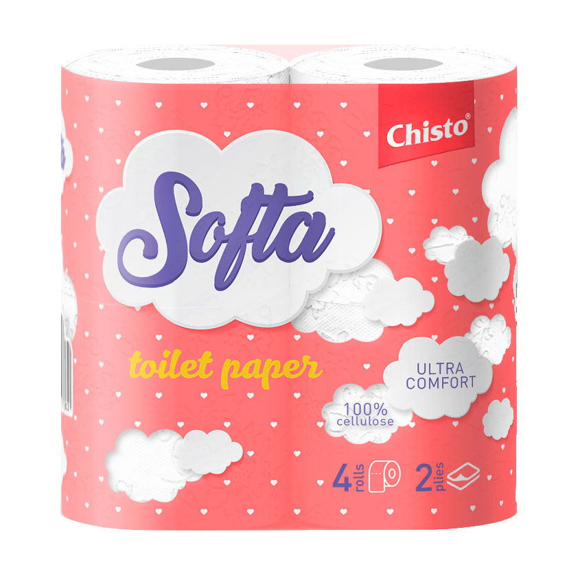Туалетний папір Chisto Softa на гільзі,  біло-рожевий, 2-х шаровий, 4 шт