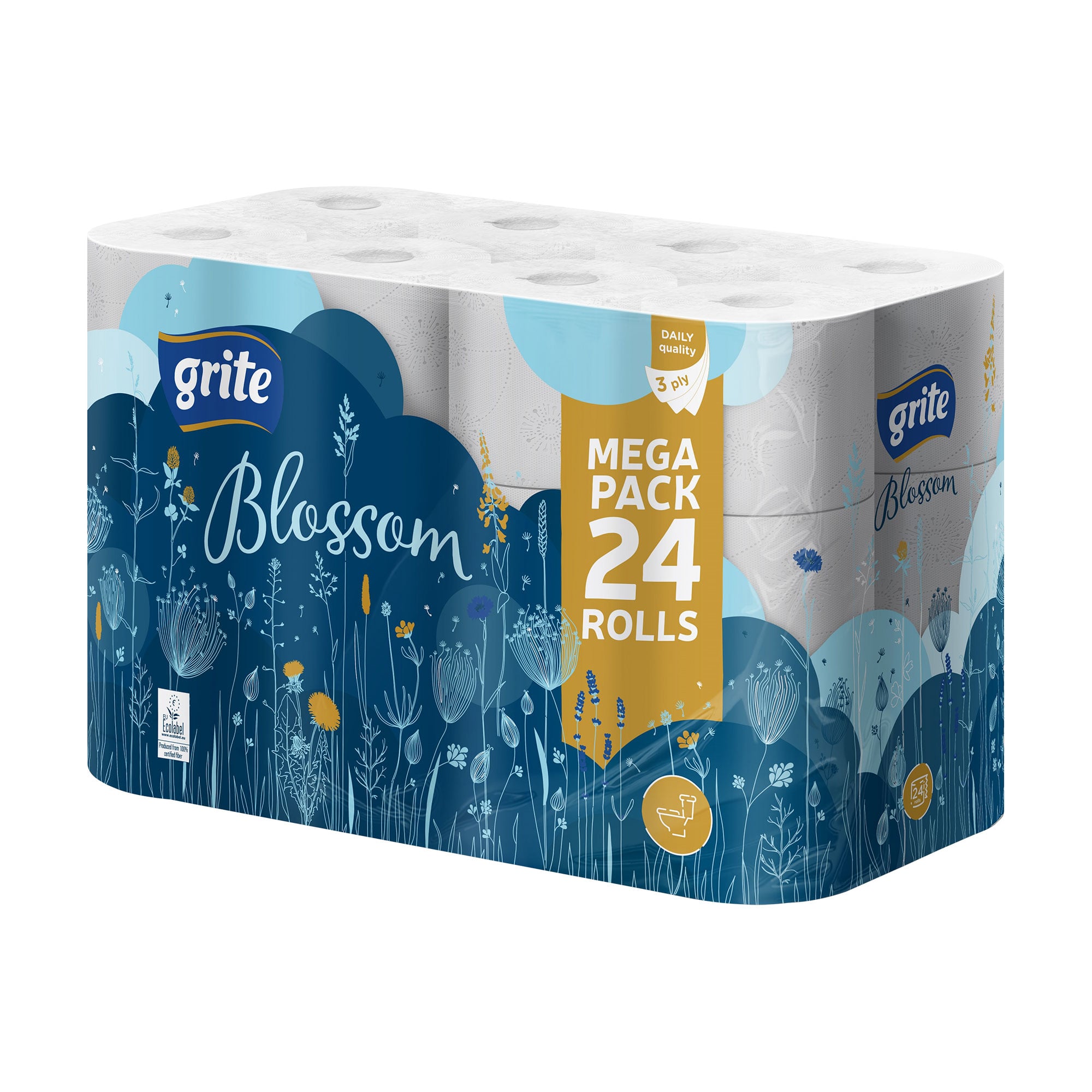 Туалетний папір Grite Blossom білий, 3-шаровий, 150 відривів, 24 рулони