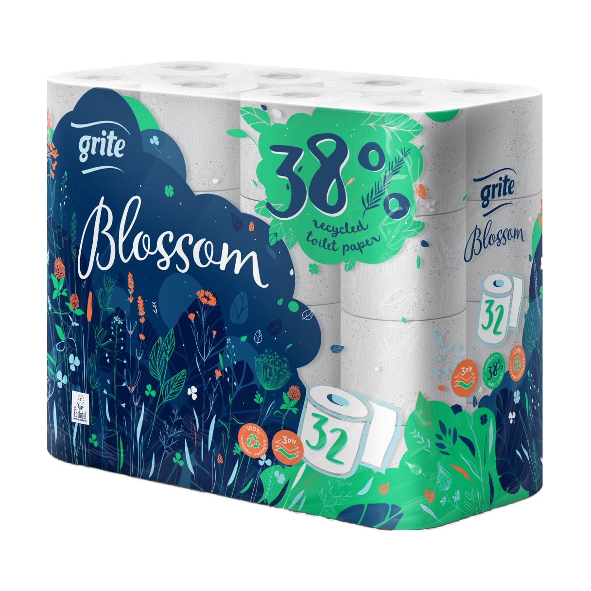 Туалетний папір Grite Blossom білий, 3-шаровий, 150 відривів, 32 рулони