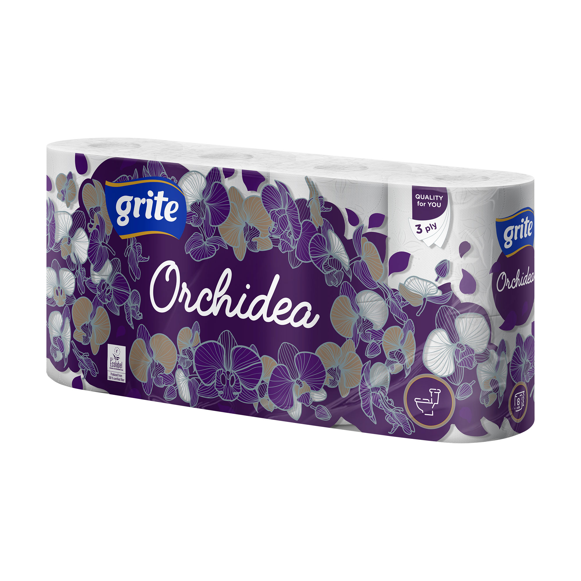 Туалетний папір Grite Orchidea білий, 3-шаровий, 145 відривів, 8 рулонів