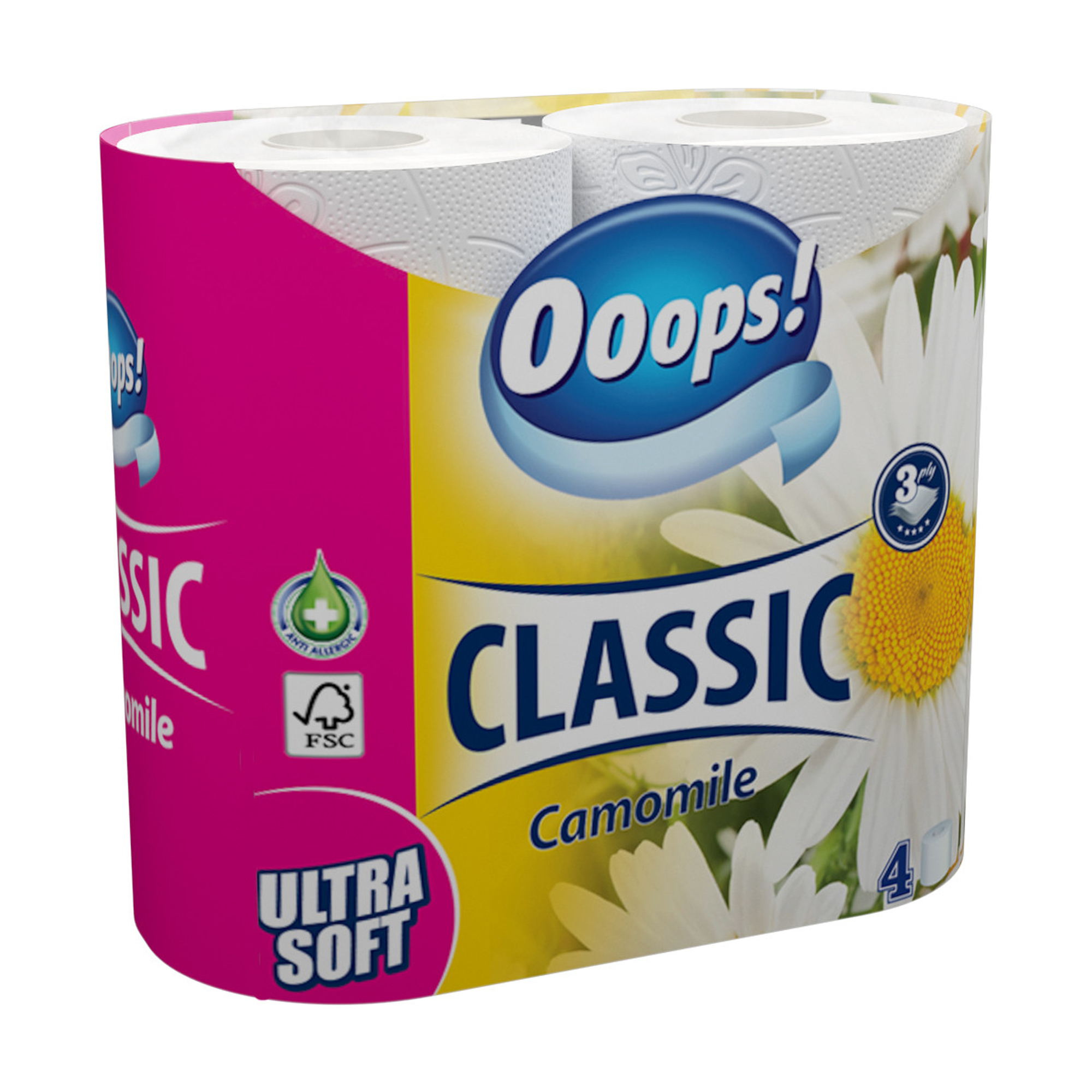 Туалетний папір Ooops! Classic Camomile білий, 3-шаровий, 140 відривів, 4 рулони