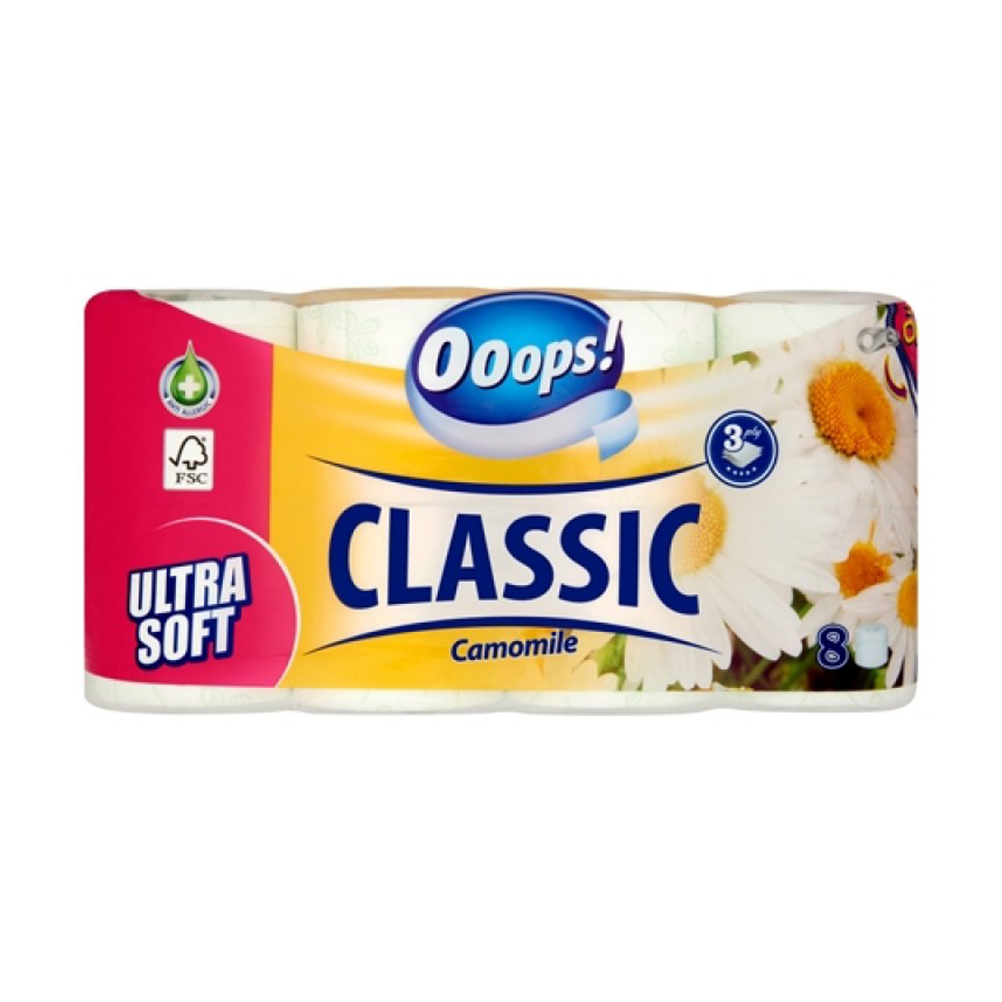 Туалетний папір Ooops! Classic Camomile білий, 3-шаровий, 140 відривів, 8 рулонів
