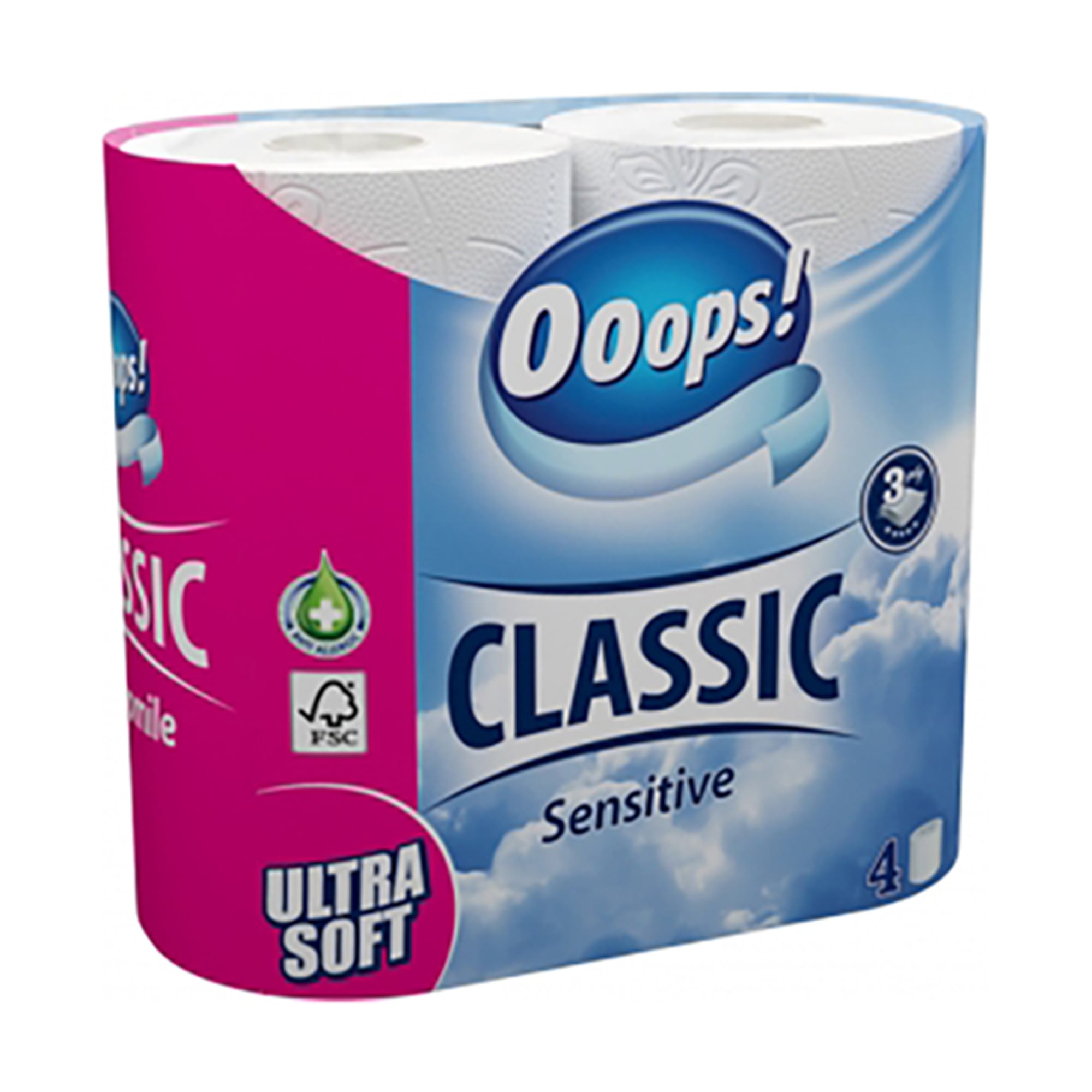 Туалетний папір Ooops! Classic Sensitive білий, 3-шаровий, 4 рулони
