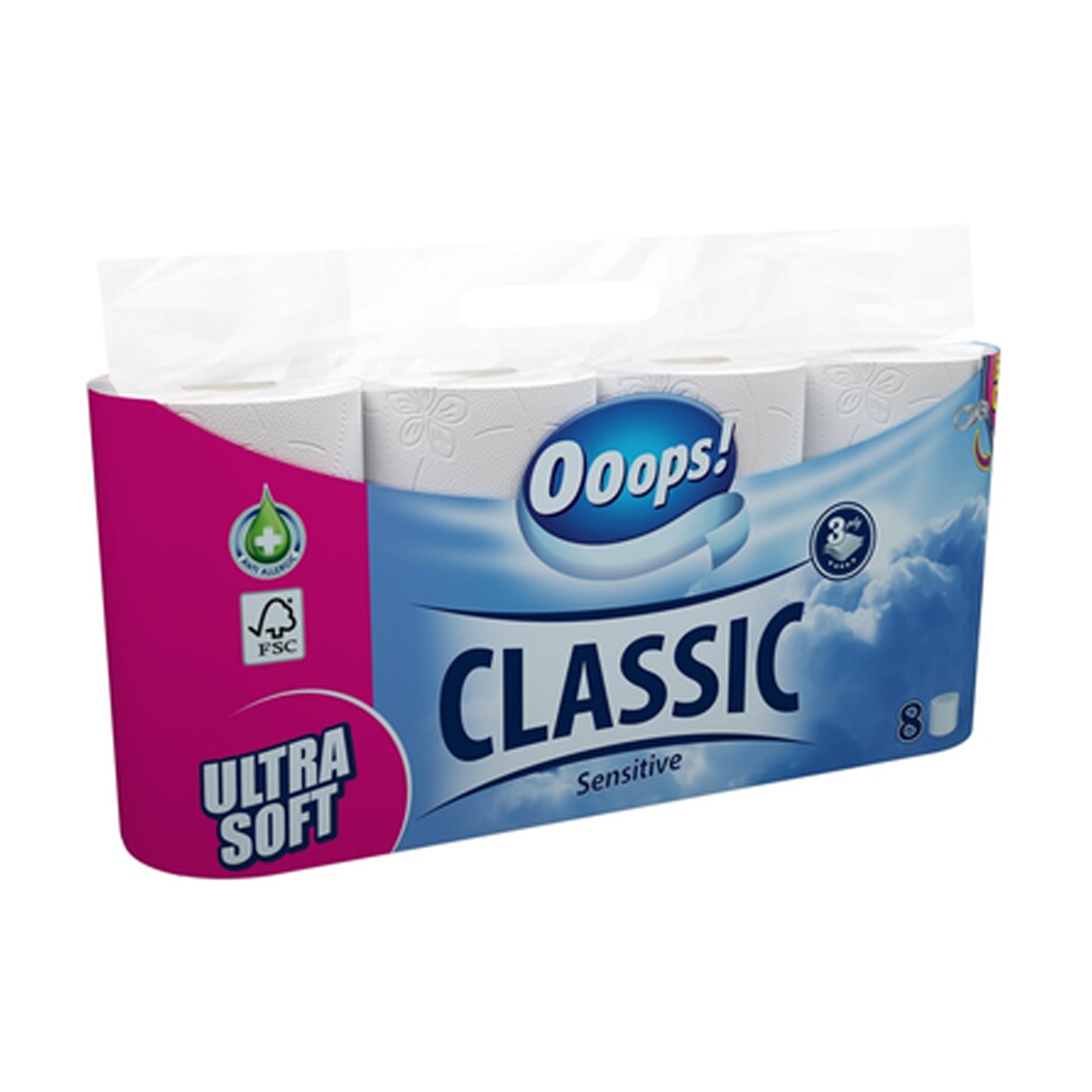 Туалетний папір Ooops! Classic Sensitive білий, 3-шаровий, 140 відривів, 8 рулонів