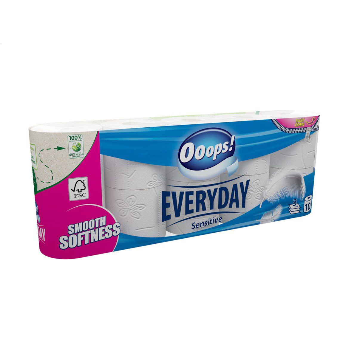 Туалетний папір Ooops! EveryDay Sensetive білий, 3-шаровий, 115 відривів, 10 рулонів