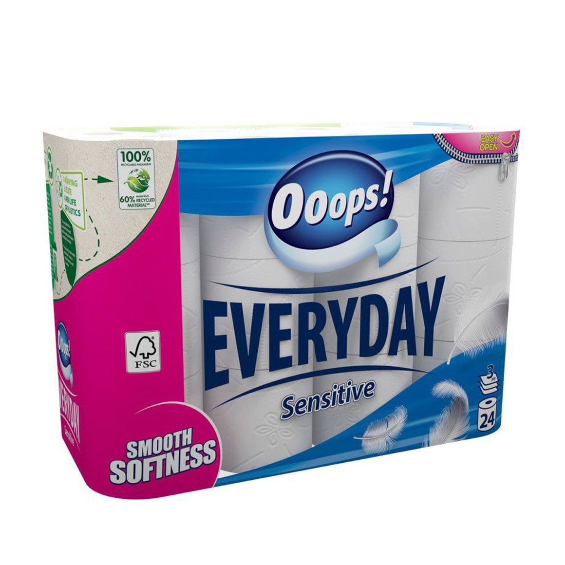 Туалетний папір Ooops! EveryDay Sensetive білий, 3-шаровий, 115 відривів, 24 рулони
