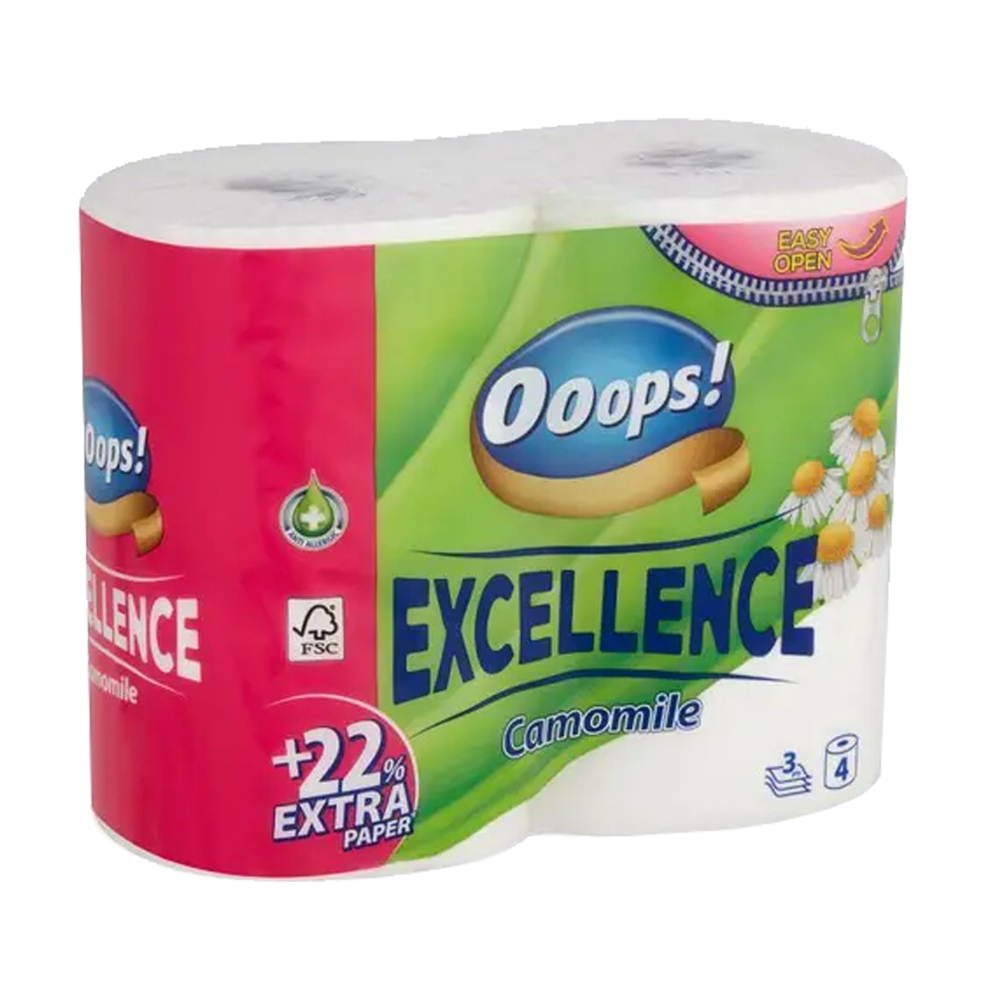 Туалетний папір Ooops! Excellence Camomile білий, 3-шаровий, 150 відривів, 4 рулони