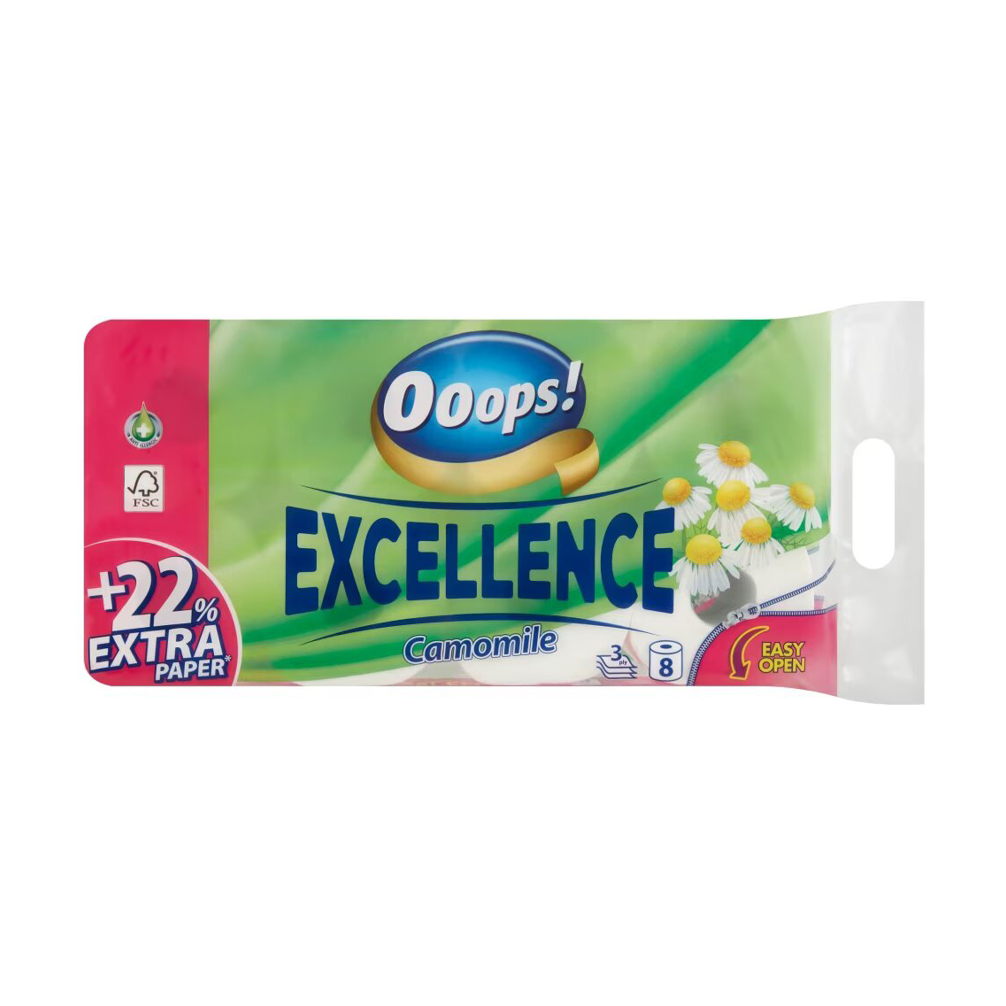 Туалетний папір Ooops! Excellence Camomile білий, 3-шаровий, 150 відривів, 8 рулонів