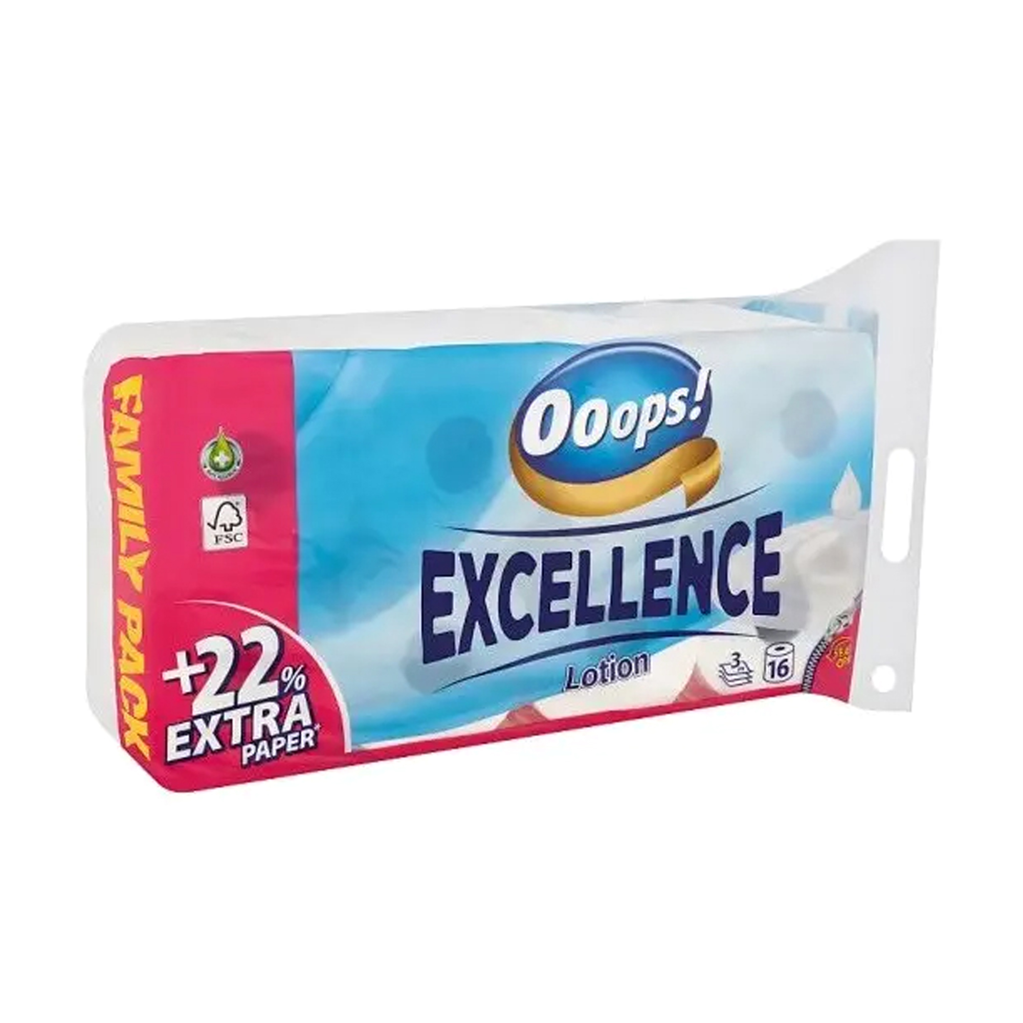 Туалетний папір Ooops! Excellence Lotion білий, 3-шаровий, 150 відривів, 16 рулонів