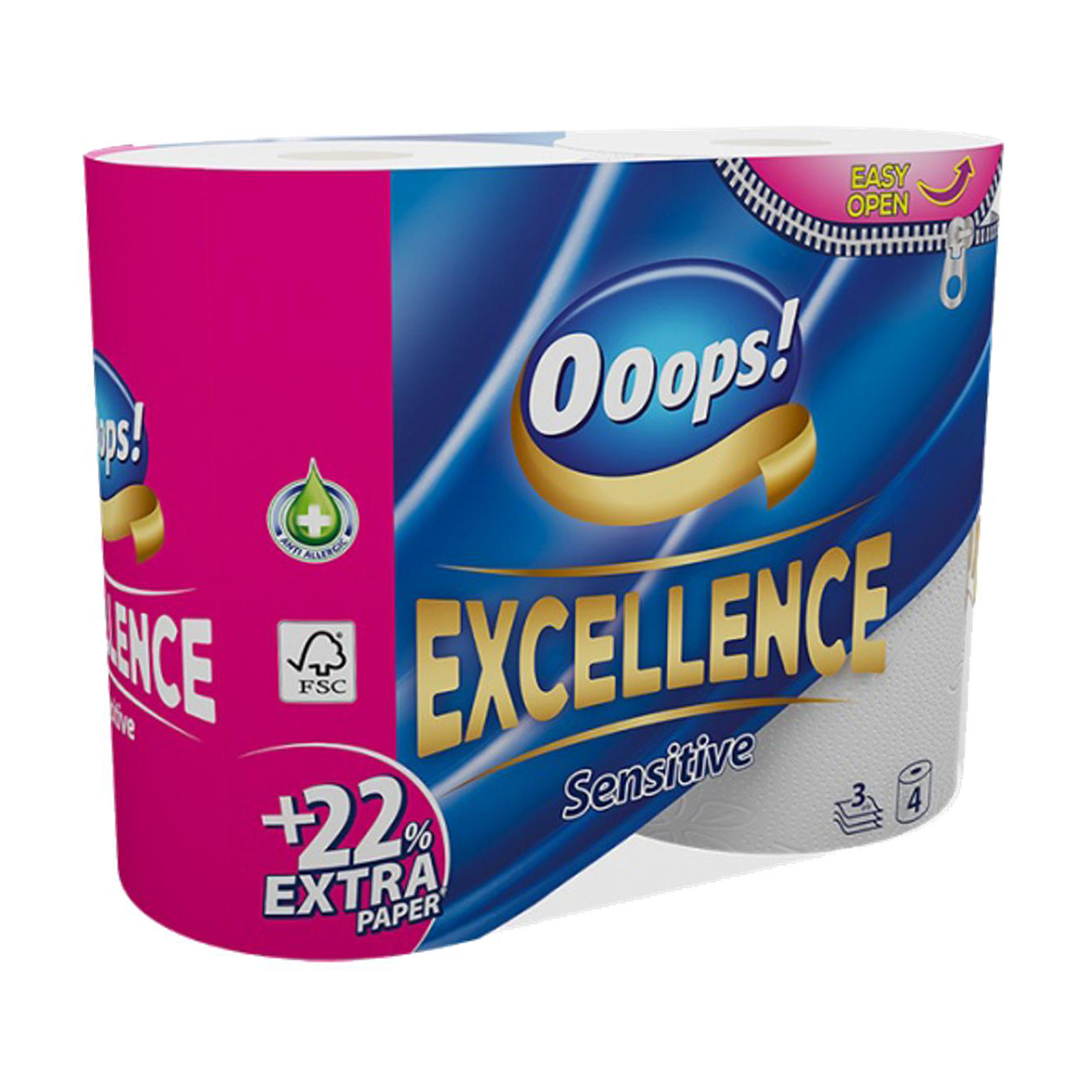 Туалетний папір Ooops! Excellence Sensitive білий, 3-шаровий, 150 відривів, 4 рулони