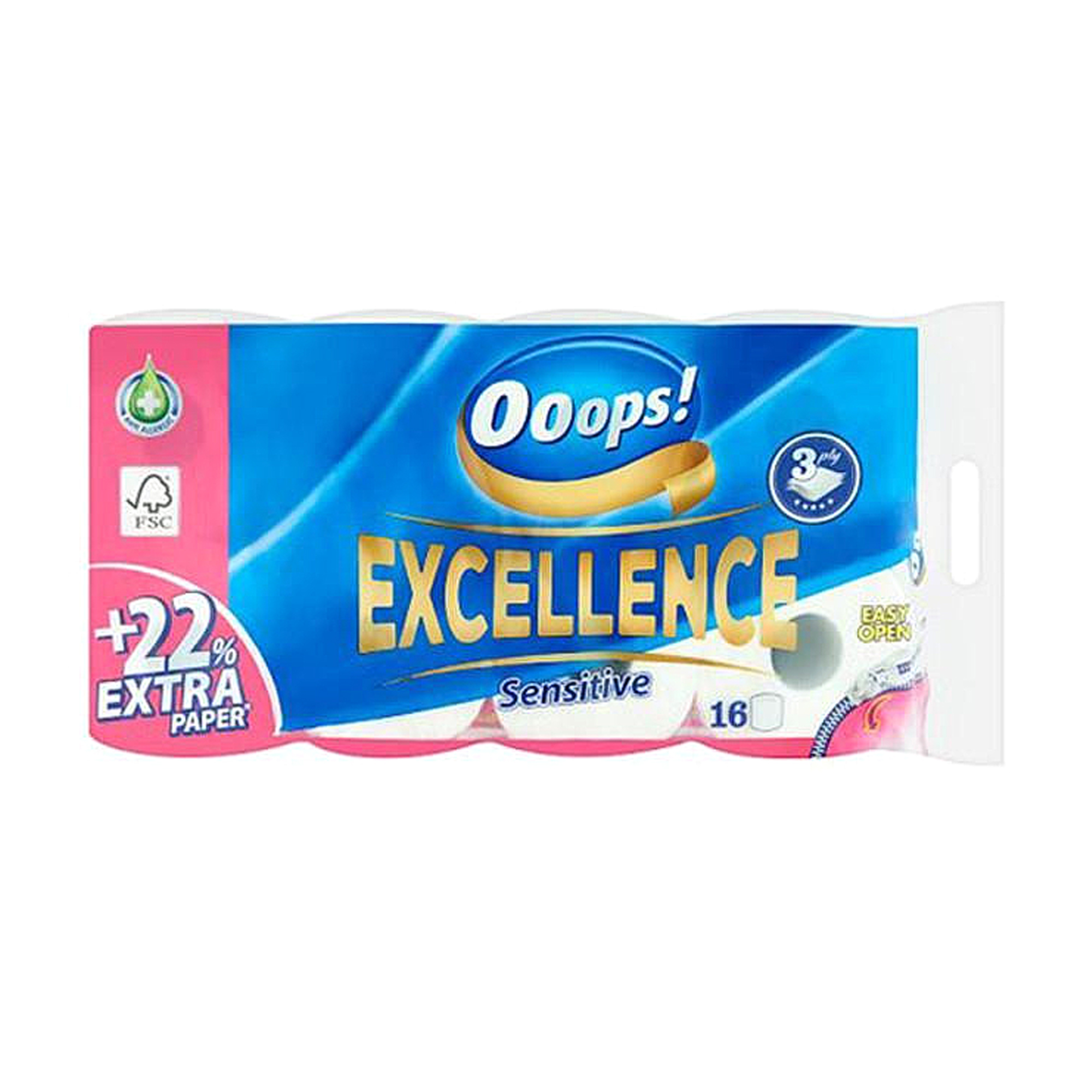 Туалетний папір Ooops! Excellence Sensitive білий, 3-шаровий, 150 відривів, 16 рулонів