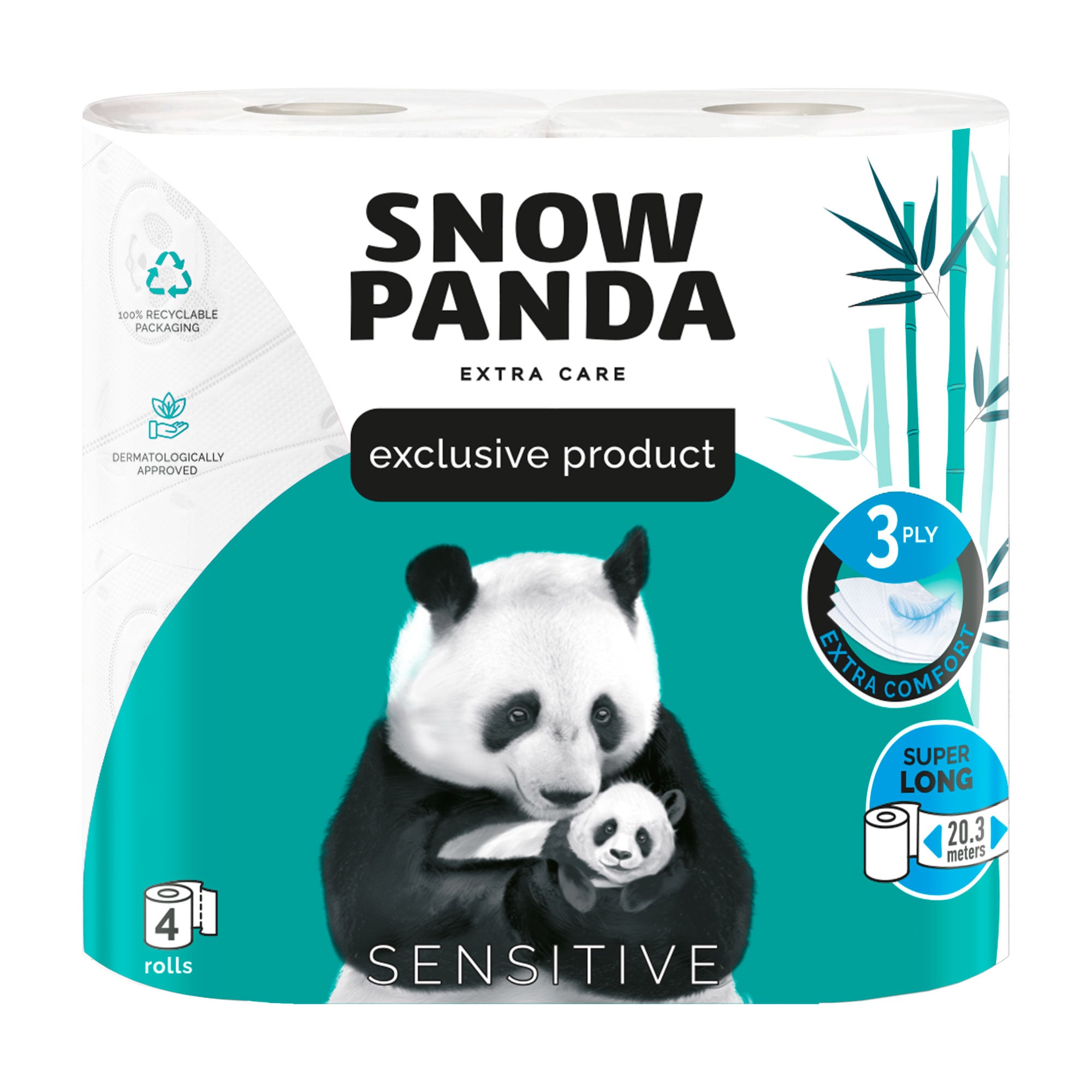 Туалетний папір Сніжна Панда Extra Care Sensitive Super Long білий, 3-шаровий, 160 відривів, 4 рулони