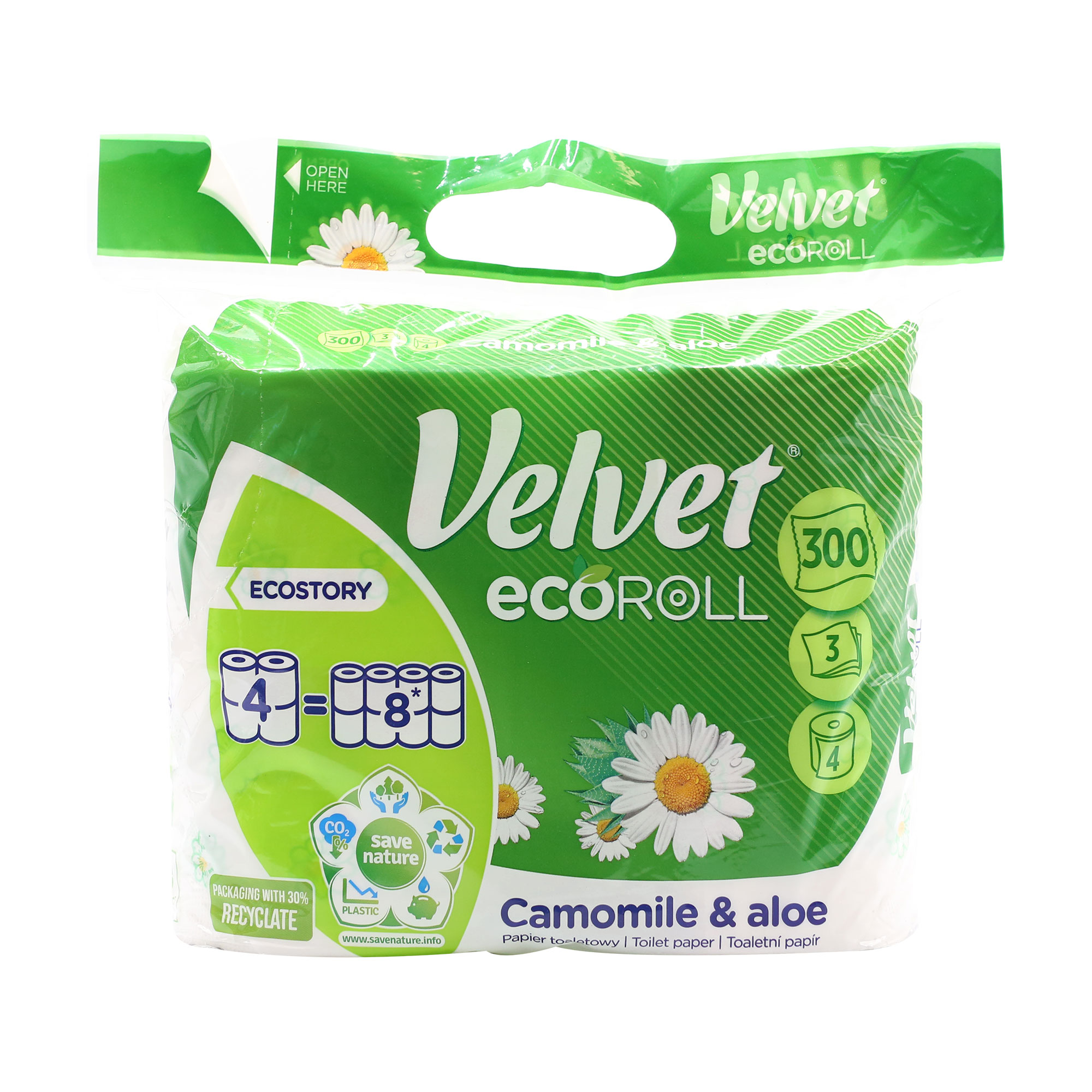 Туалетний папір Velvet Eco Roll Camomile &amp; Aloe 3-шаровий, 300 відривів, 4 рулони