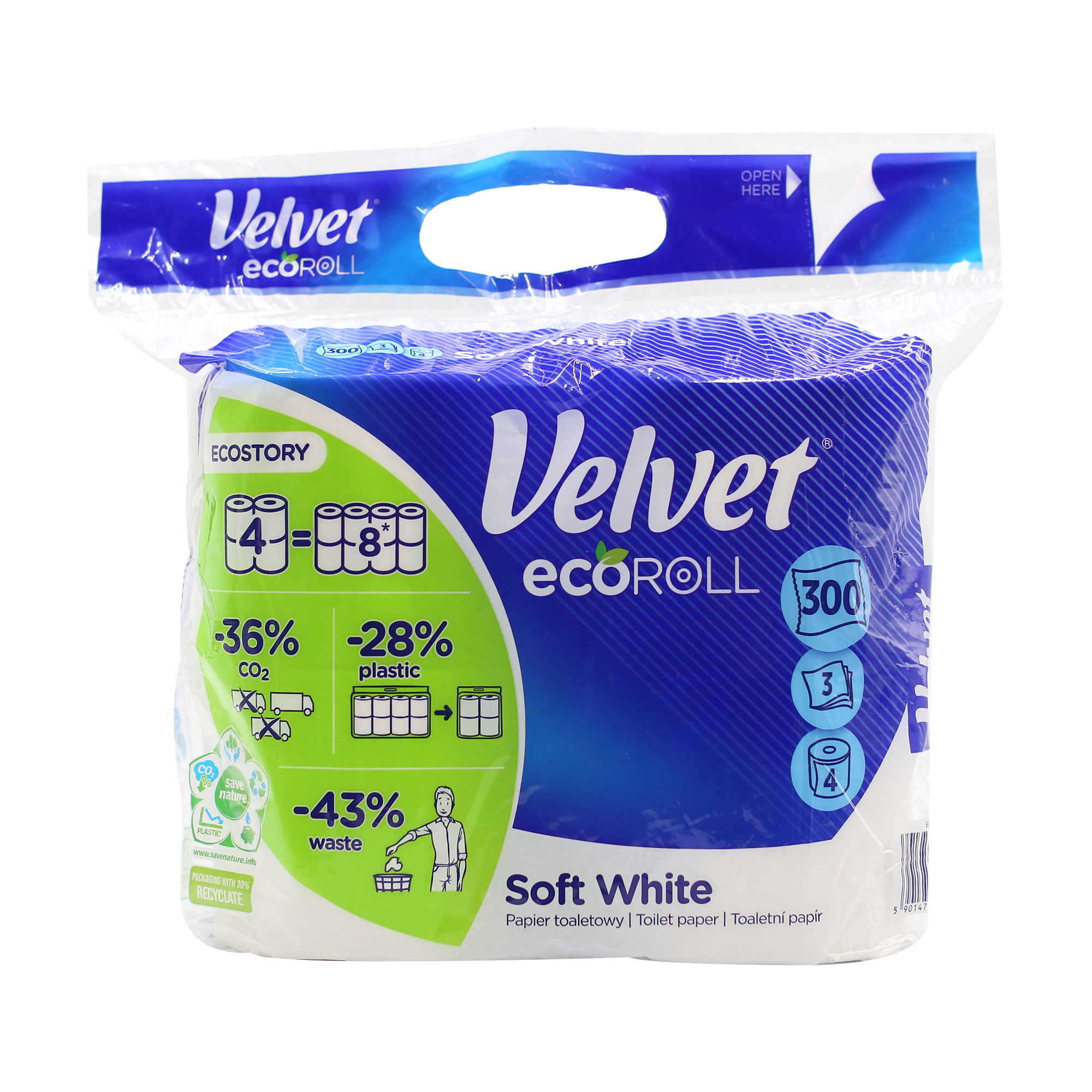 Туалетний папір Velvet Eco Roll Soft White 3-шаровий, 300 відривів, 4 рулони
