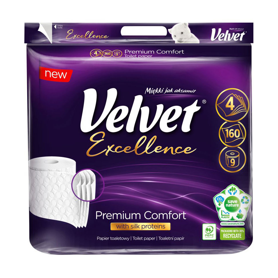 Туалетний папір Velvet Excellence Silk Proteins 4-шаровий, 160 відривів, 9 рулонів