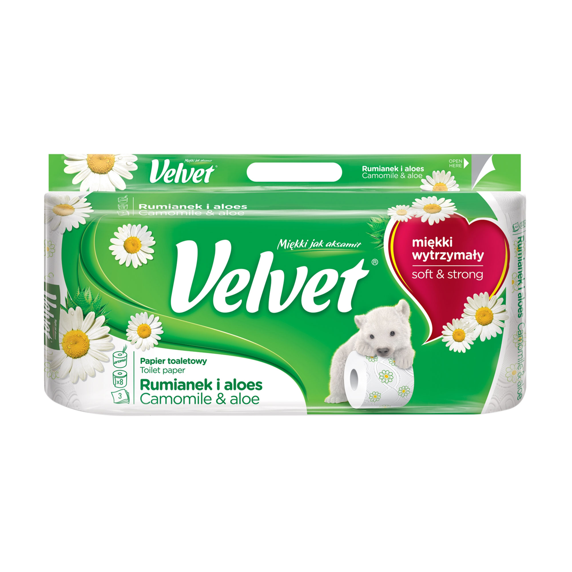 Туалетний папір Velvet Ромашка та алое, білий, 3 шари, 150 відривів, 8 шт