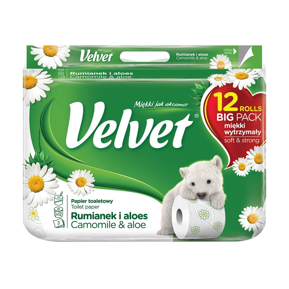 Туалетний папір Velvet Ромашка та алое, білий, 3 шари, 150 відривів, 12 шт