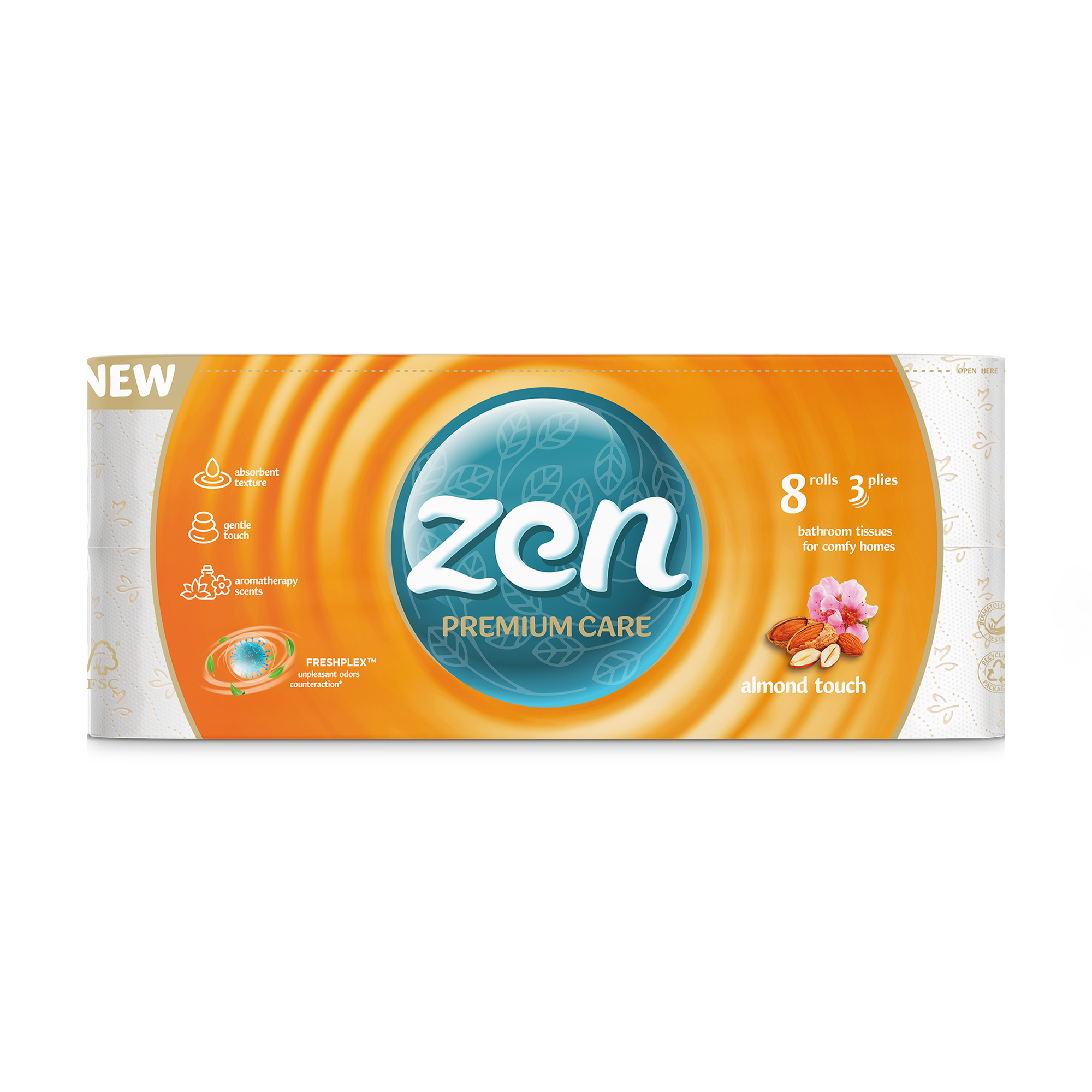 Туалетний папір Zen Premium Care Мигдаль, 3-шаровий, 145 відривів, 8 рулонів