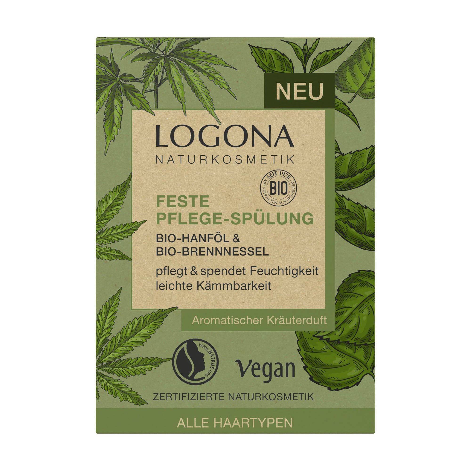 Твердий кондиціонер Logona Solid Care Conditioner для всіх типів волосся, з коноплею та кропивою, 60 г