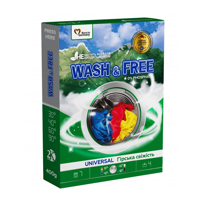 Універсальний пральний порошок Wash &amp; Free Universal Гірська свіжість, 7 циклів прання, 400 г