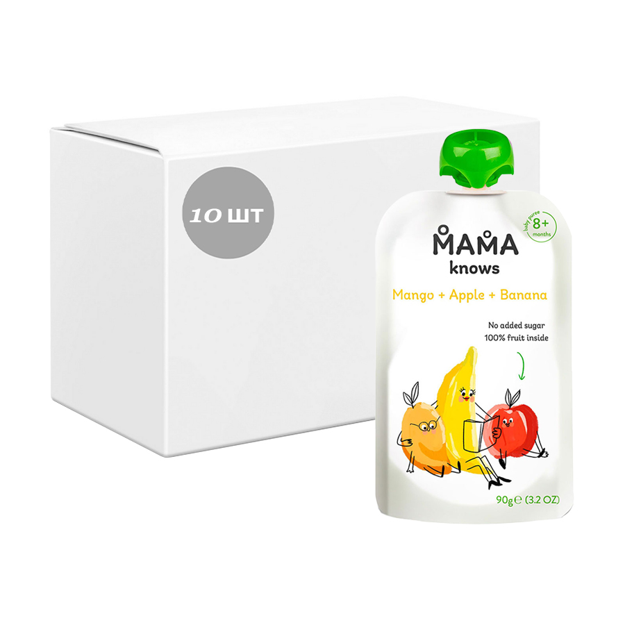Упаковка Дитяче фруктове пюре Mama knows Манго, яблуко, банан, без цукру, від 8 місяців, 10*90 г