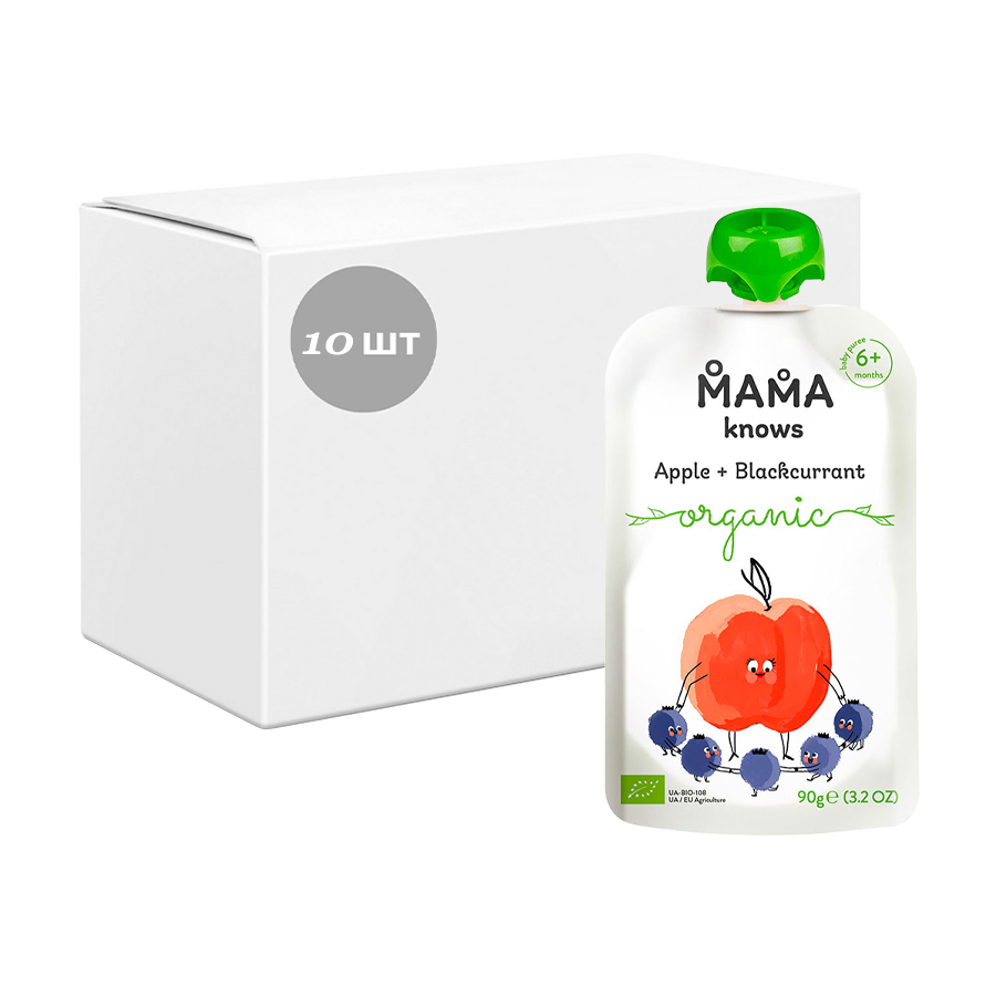 Упаковка Дитяче фруктове пюре Mama knows Organic Яблуко-чорна смородина, від 6 місяців, 10*90 г