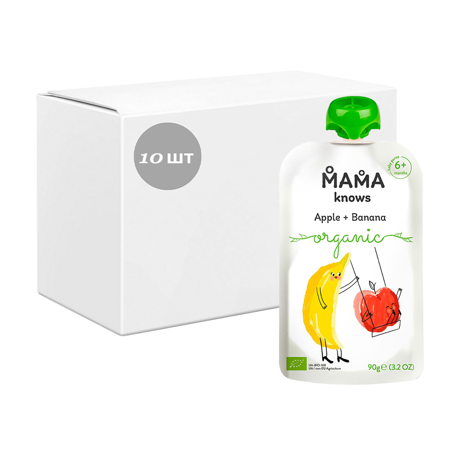 Упаковка Дитяче фруктове пюре Mama knows Organic Яблуко-банан, від 6 місяців, 10*90 г