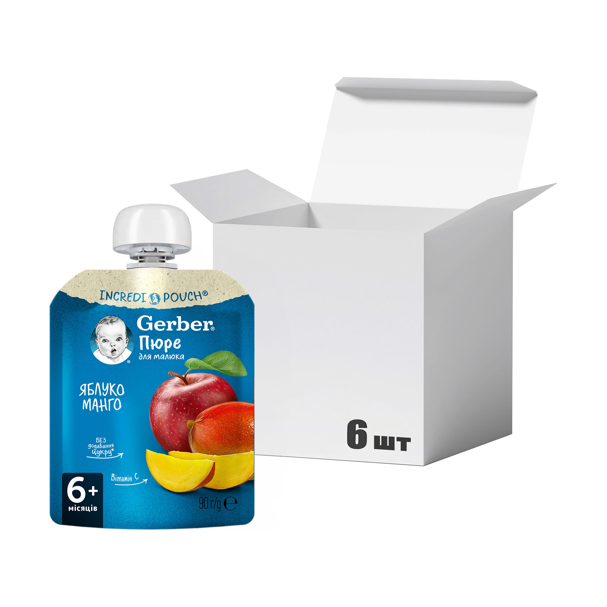 Упаковка дитячого фруктового пюре Gerber Яблуко та манго, від 6 місяців, 90 г * 6 шт