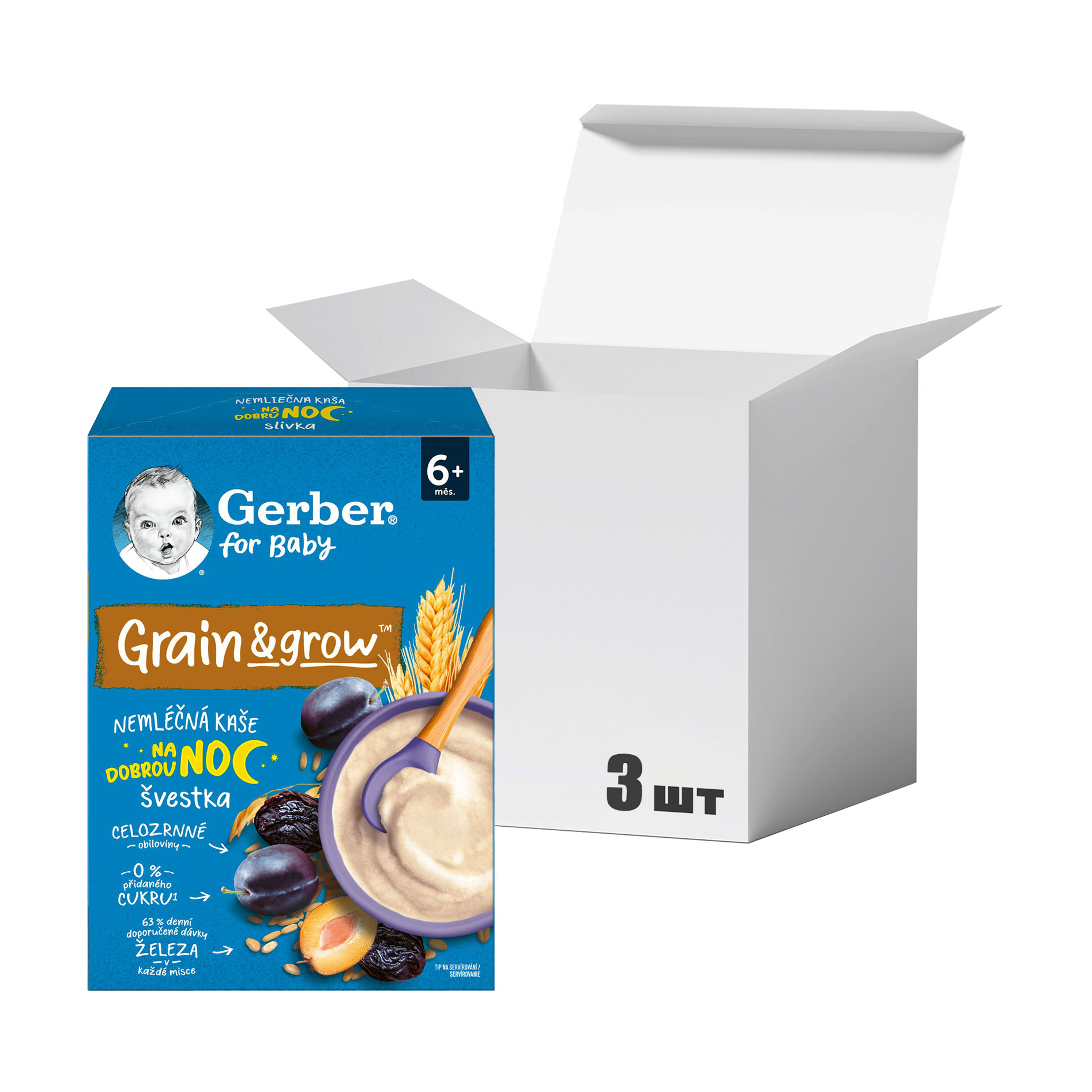 Упаковка дитячої сухої безмолочної швидкорозчинної каші Gerber Grain &amp; Grow Вівсяно-пшенична з чорносливом, від 6 місяців, 200 г * 3 шт