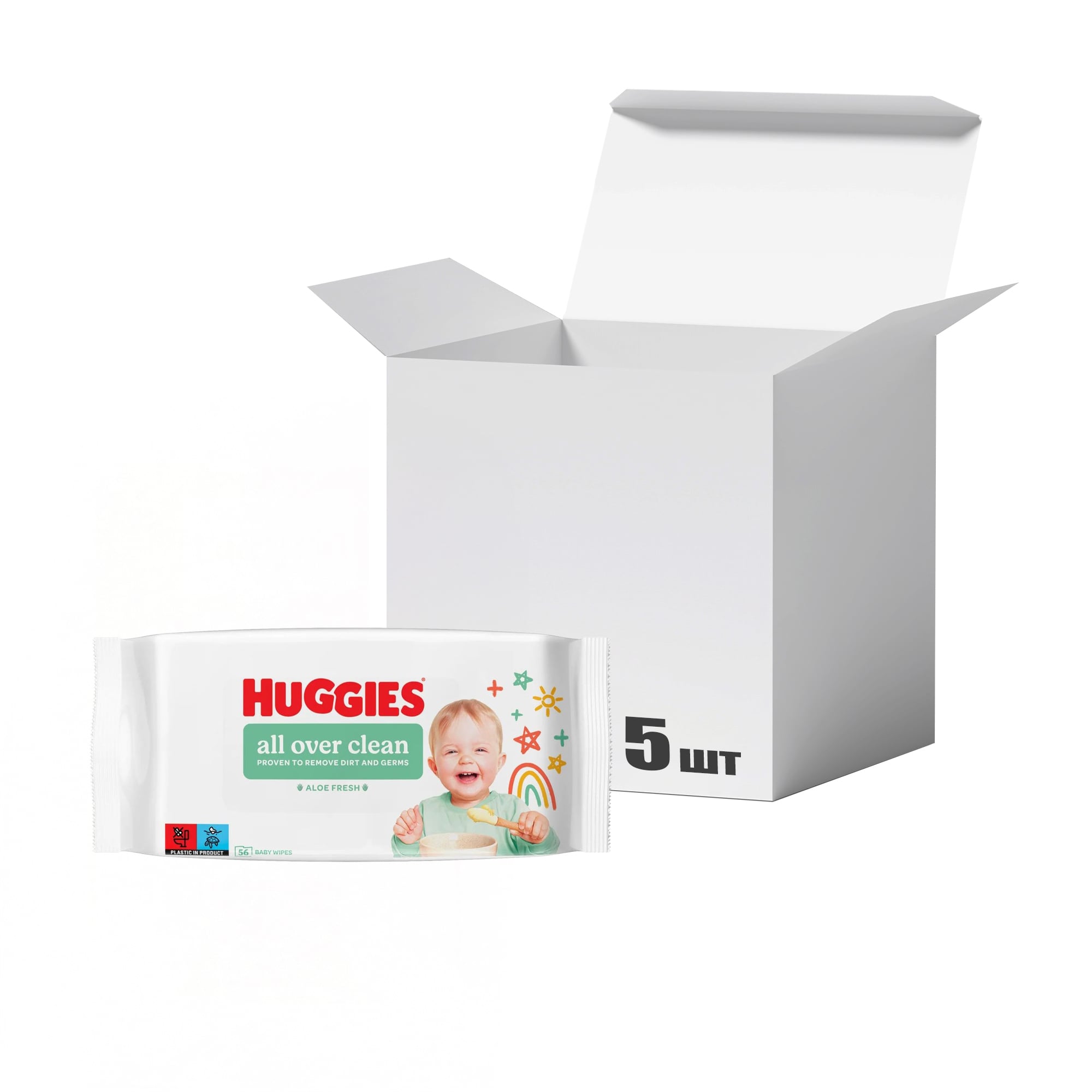 Упаковка дитячих вологих серветок Huggies Аll Over Clean, 56 шт * 5 шт