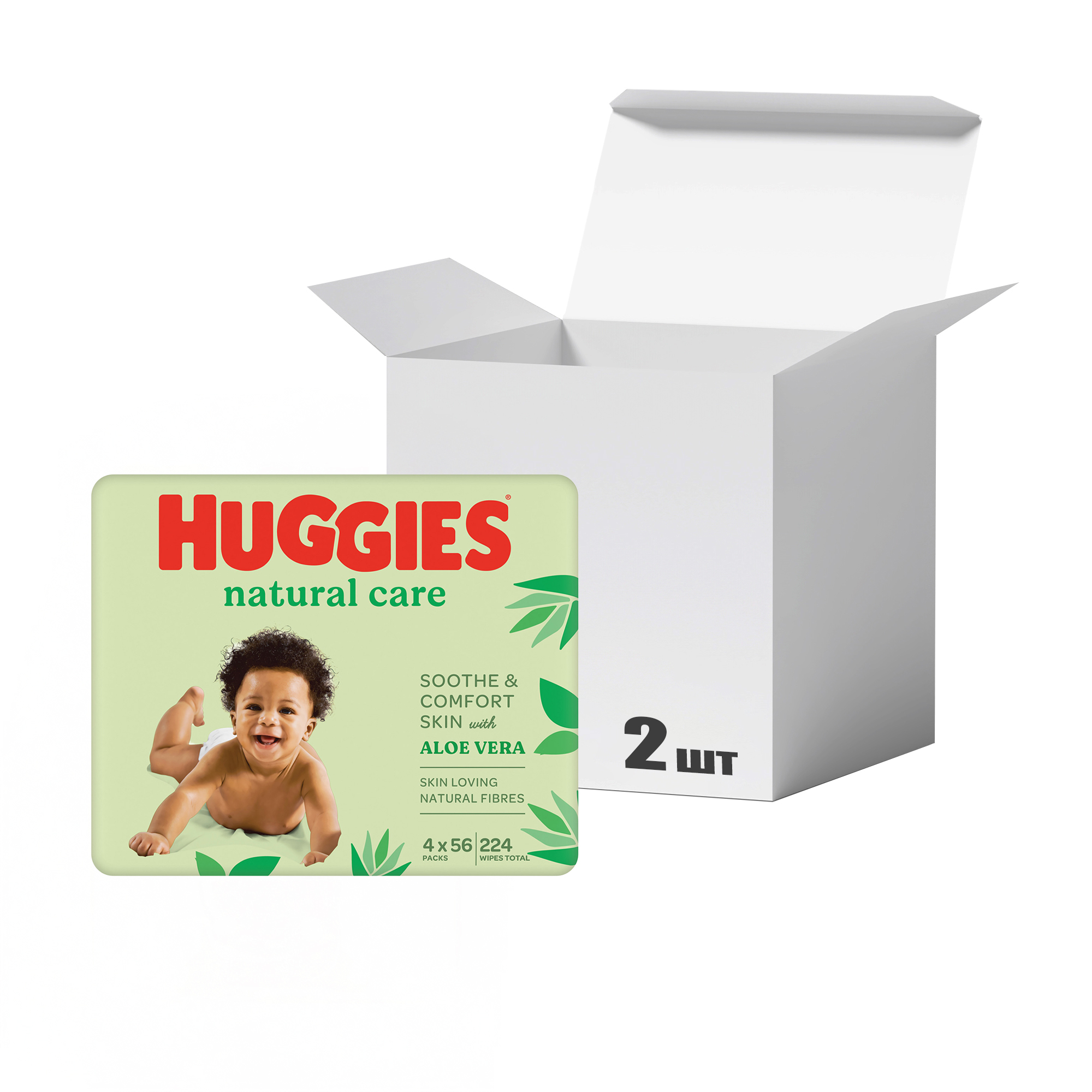 Упаковка дитячих вологих серветок Huggies Natural Care з екстрактом алое, 4*56 шт * 2 шт
