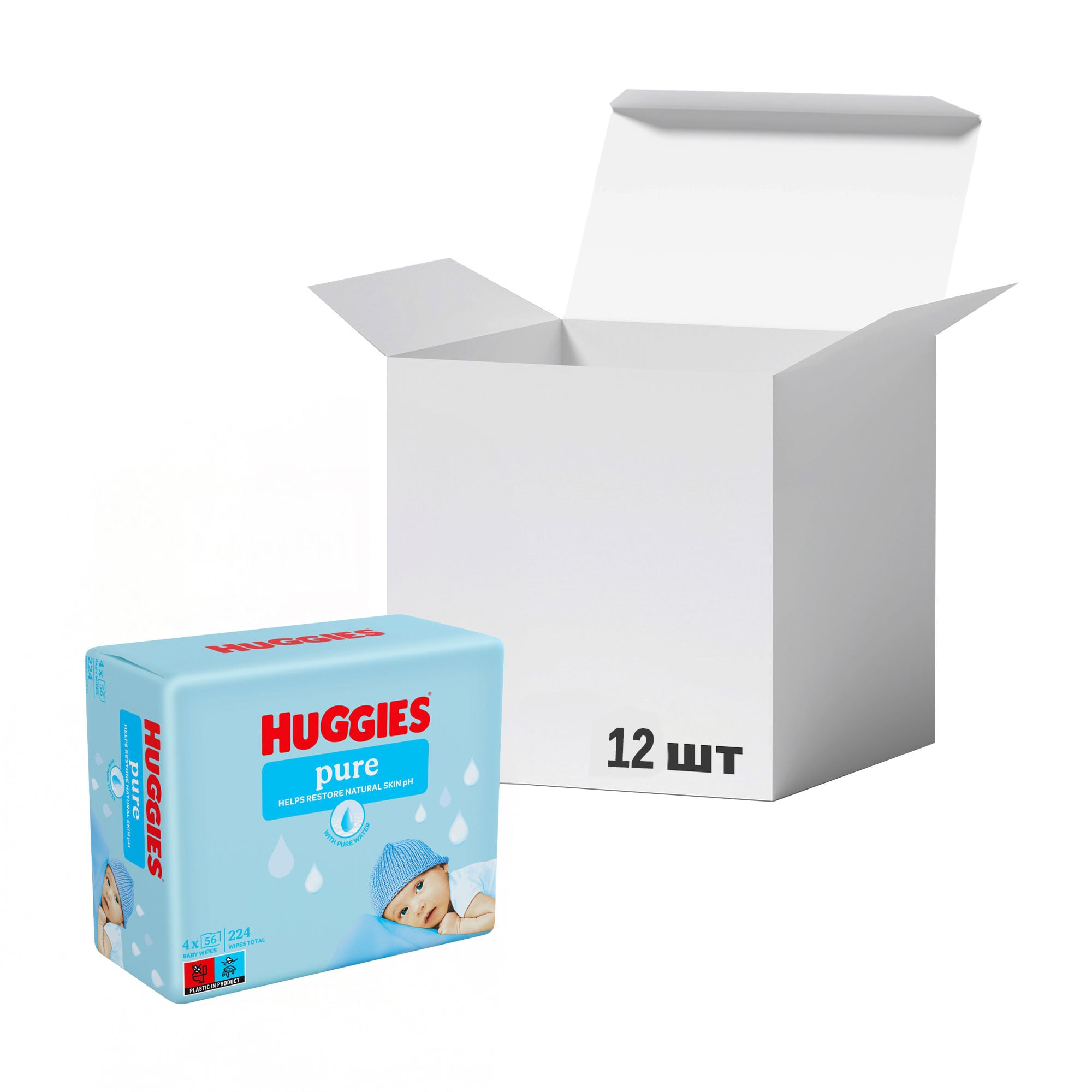 Упаковка дитячих вологих серветок Huggies Pure для немовлят, 56 шт * 12 шт
