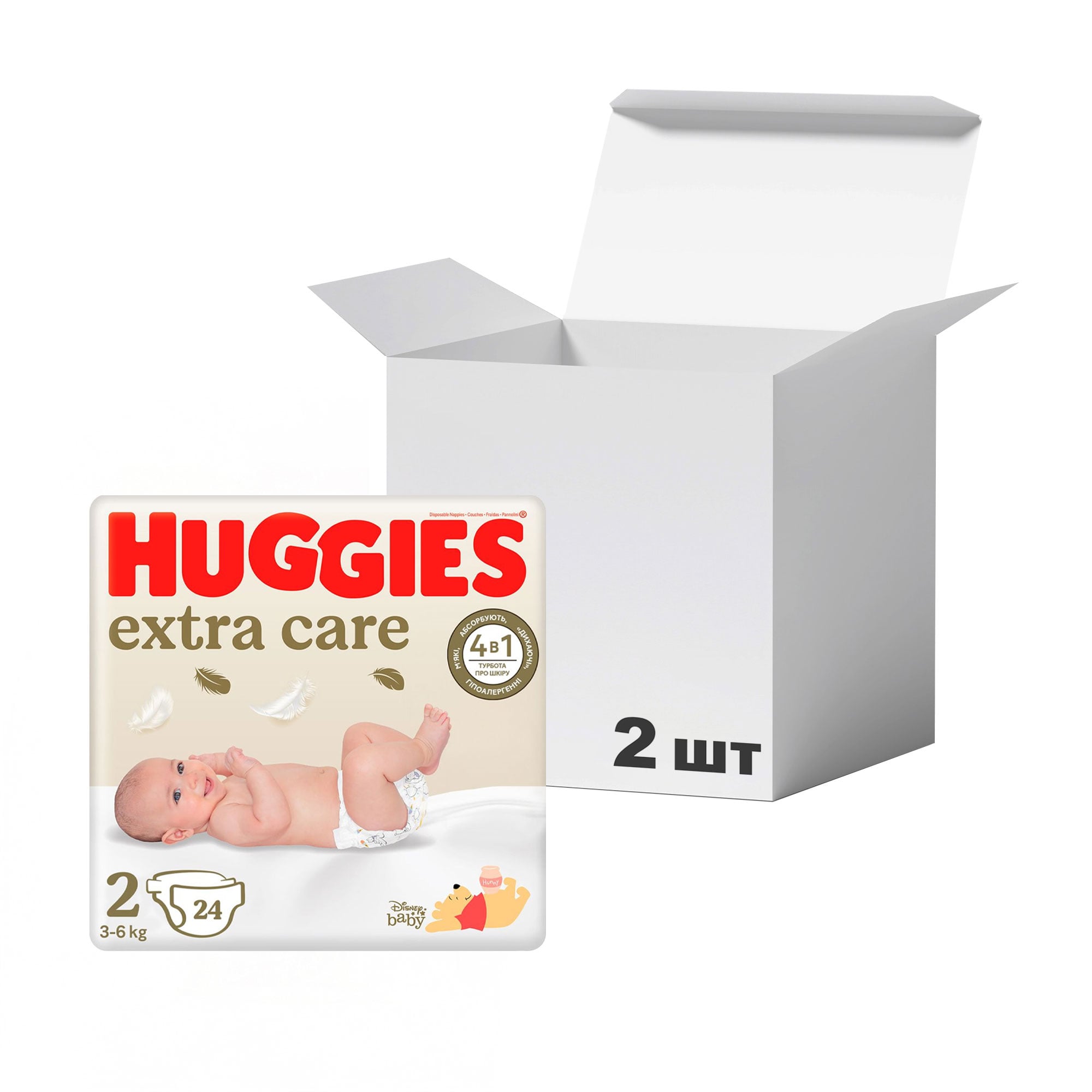 Упаковка підгузків Huggies Extra Care Jumbo розмір 2 (3-6 кг), 24 шт * 2 шт