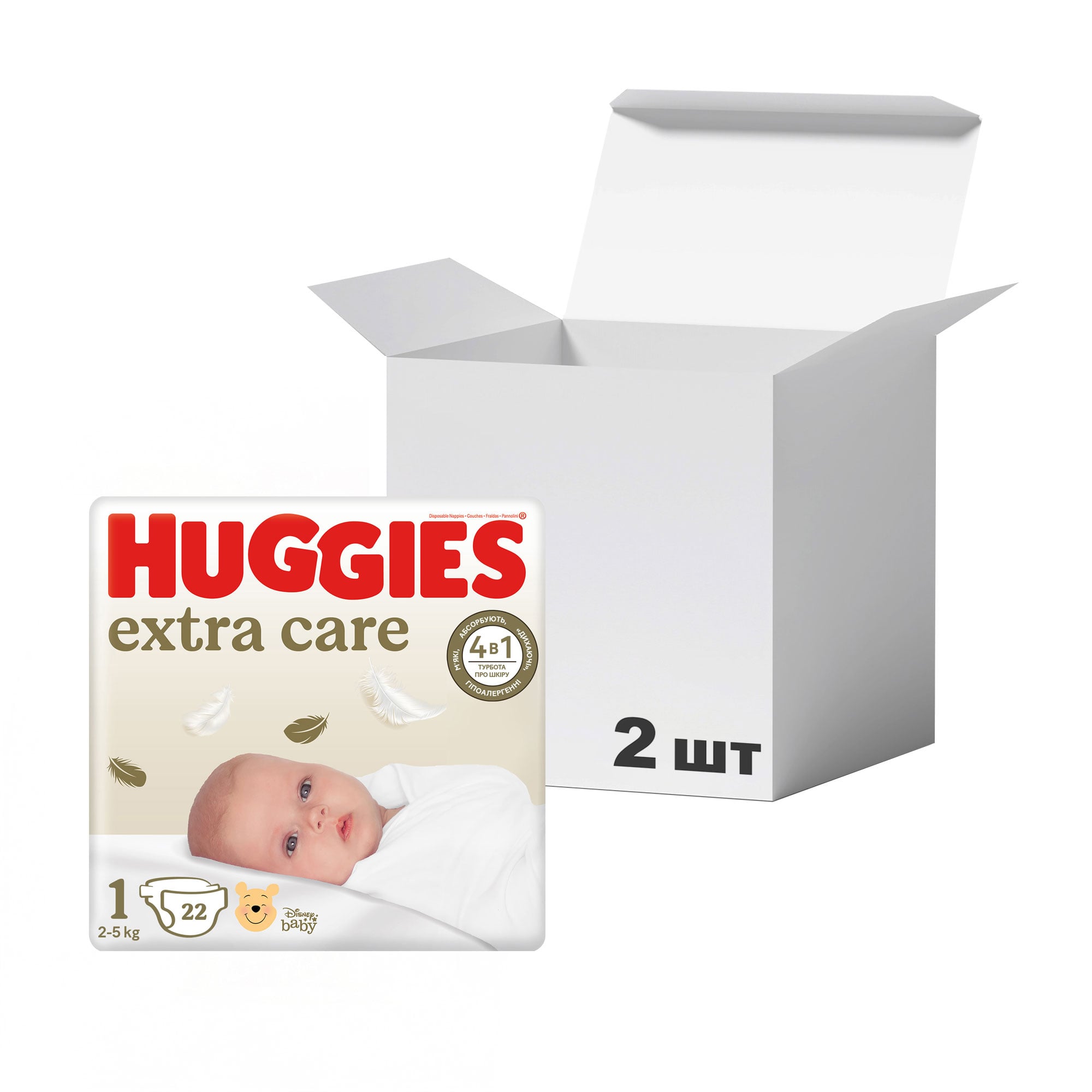 Упаковка підгузків Huggies Extra Care Mega розмір 1 (2-5 кг), 22 шт * 2 шт