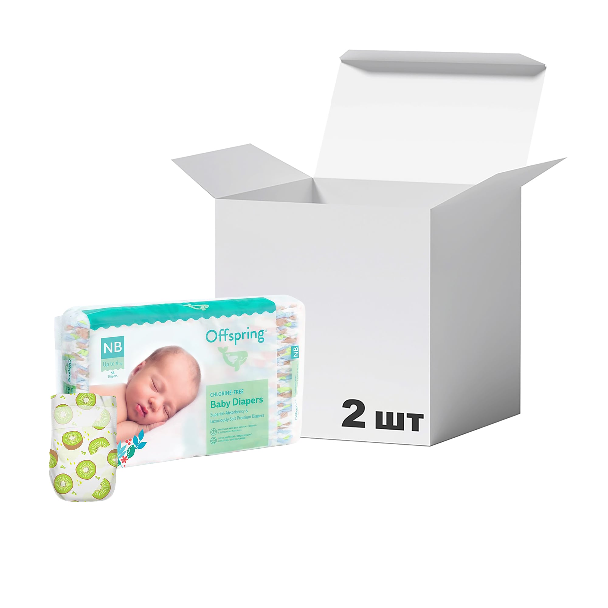 Упаковка підгузків Offspring Hairykiwi розмір NB (до 4 кг), 56 шт * 2 шт