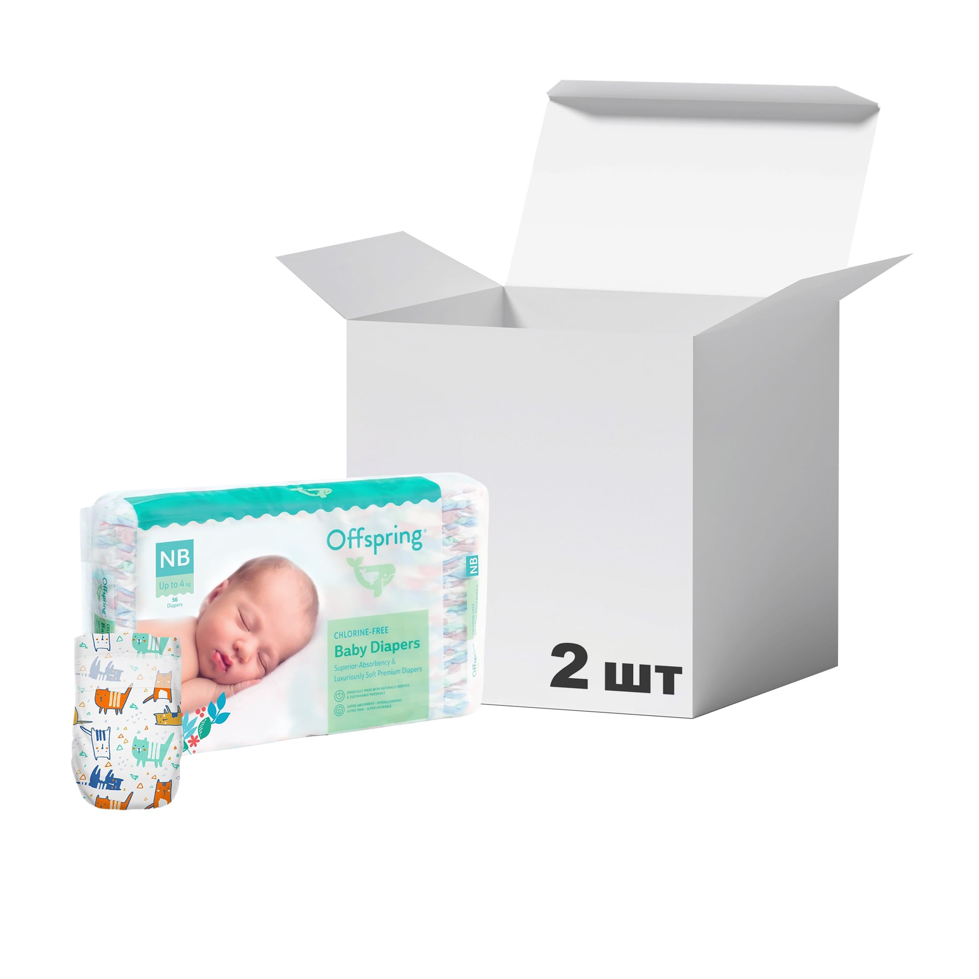Упаковка підгузків Offspring Meow The Cat, розмір NB (до 4 кг), 56 шт * 2 шт