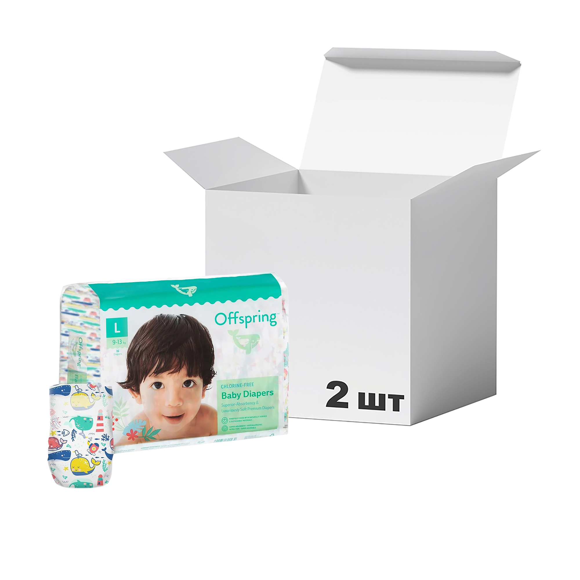 Упаковка підгузків Offspring Willy The Whale розмір L (9-13 кг), 36 шт * 2 шт