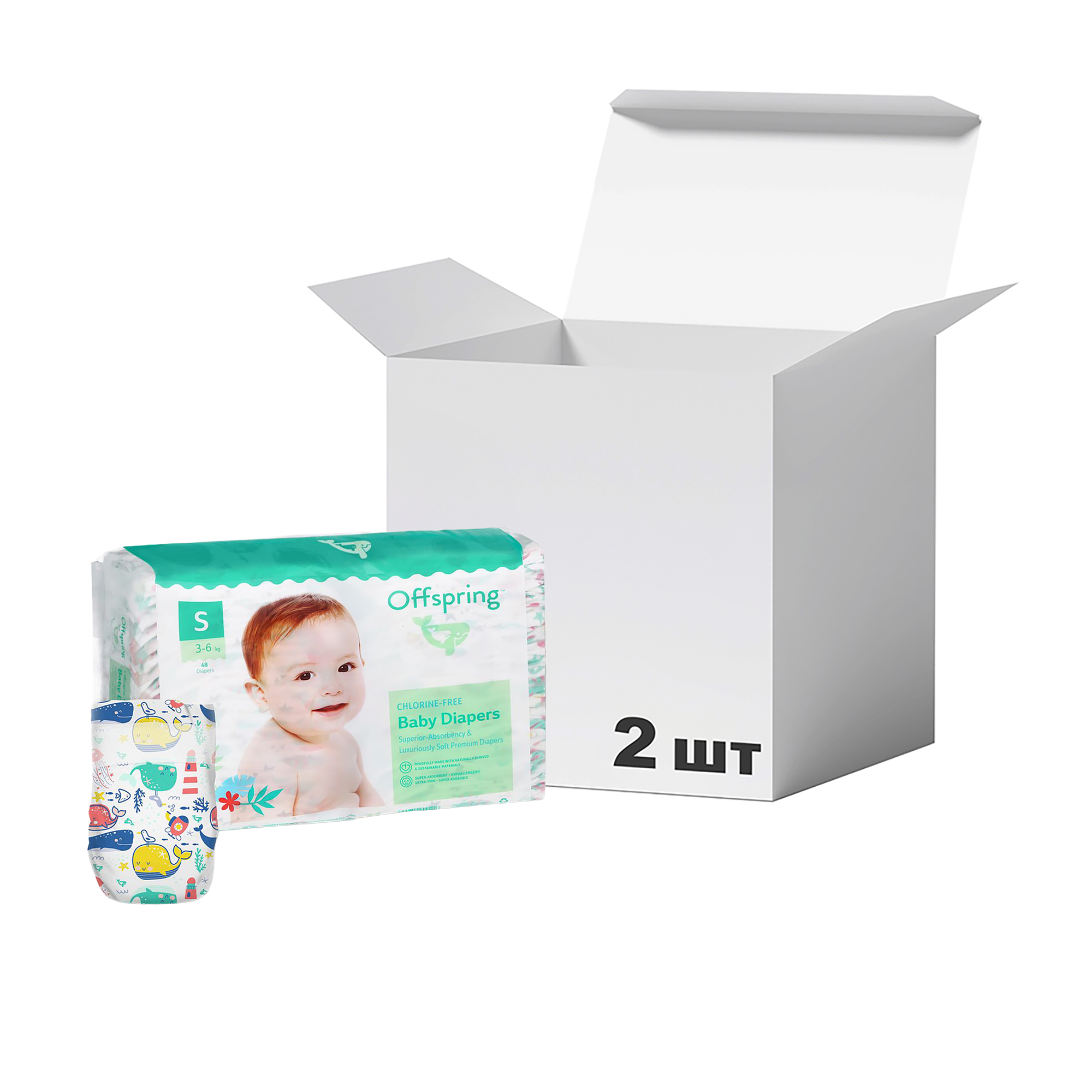 Упаковка підгузків Offspring Willy The Whale розмір S (3-6 кг), 48 шт * 2 шт