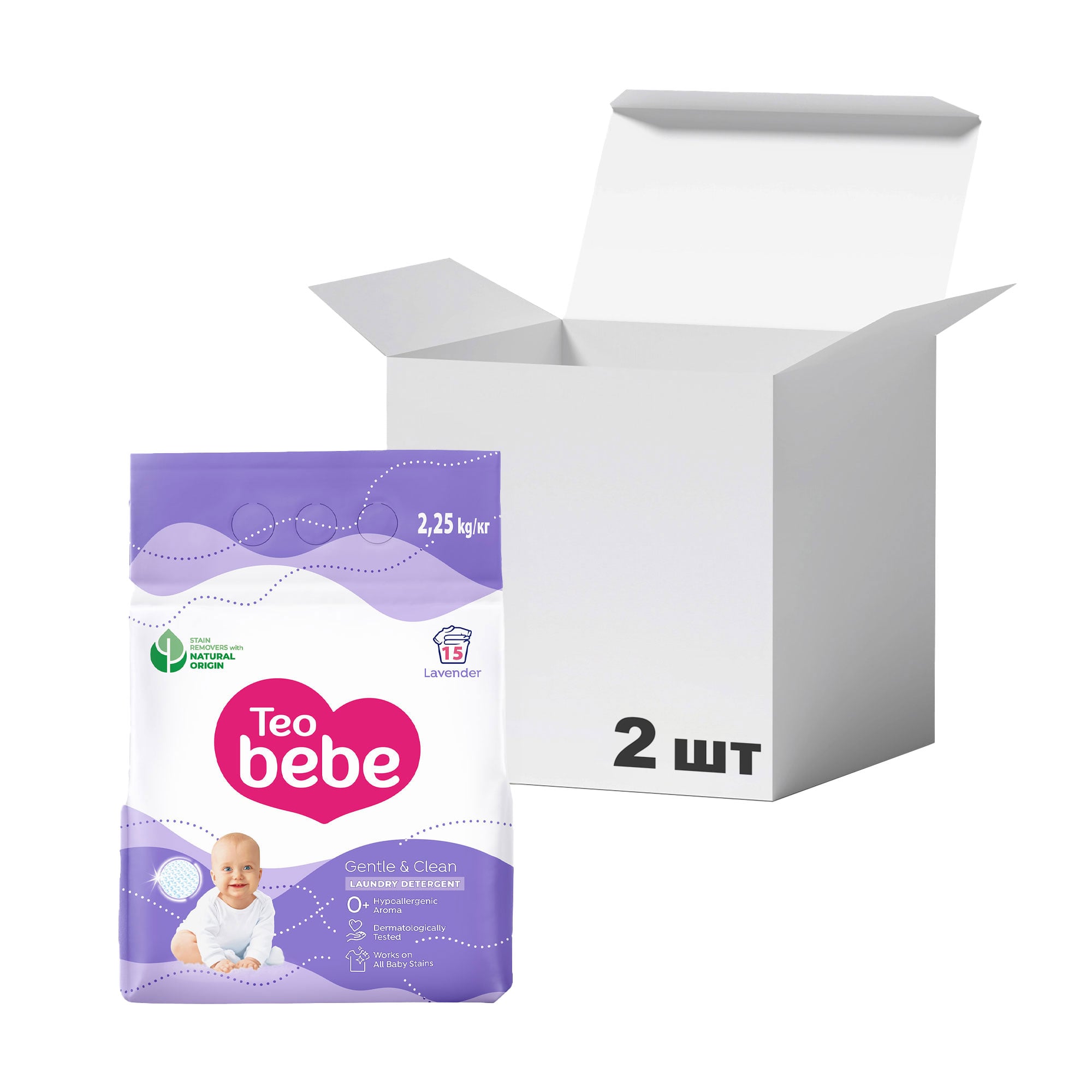 Упаковка пральних порошків Teo Bebe Gentle &amp; Clean Lavender для дитячих речей, 15 циклів прання, 2.25 кг * 2 шт