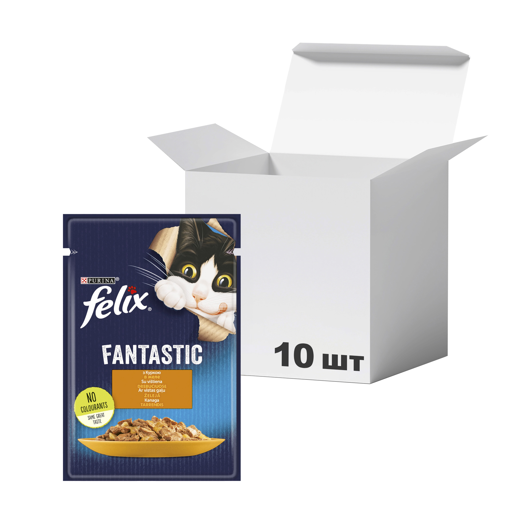 Упаковка вологого корму для дорослих кішок Felix Fantastic з куркою, шматочки в желе, 85 г * 10 шт