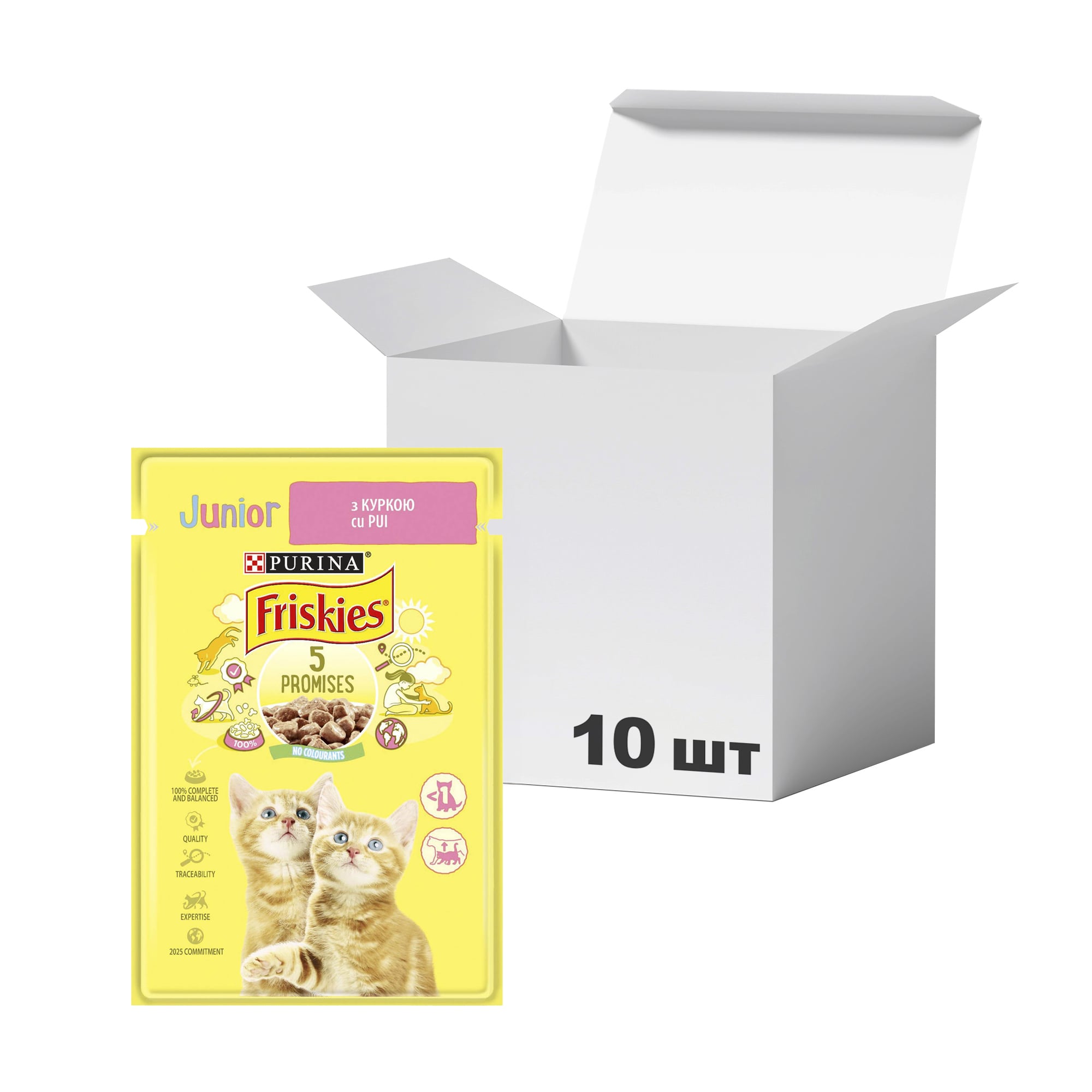 Упаковка вологого корму для кошенят Friskies Junior Курка у підливі, 85 г * 10 шт