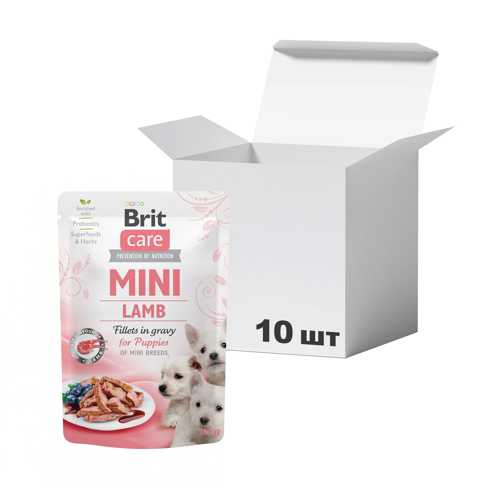 Упаковка вологого корму для цуценят мініатюрних порід Brit Care Mini з філе ягняти в соусі, 85 г * 10 шт