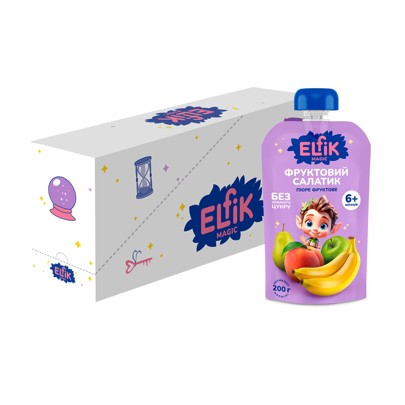 Уцінка! Дитяче фруктове пюре Elfik Magic Фруктовий салатик, без доданого цукру, від 6 місяців, 12*200 г