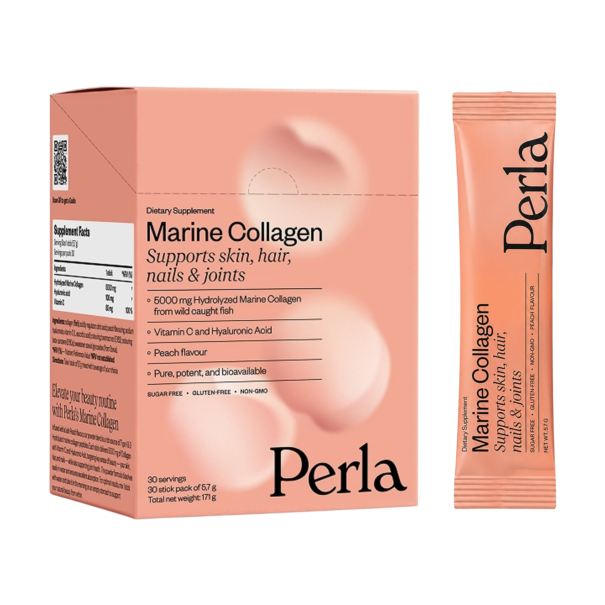 Уцінка! Комплекс Шкіра, нігті та волосся Perla Helsa Marine Collagen зі смаком персика, 30 стіків