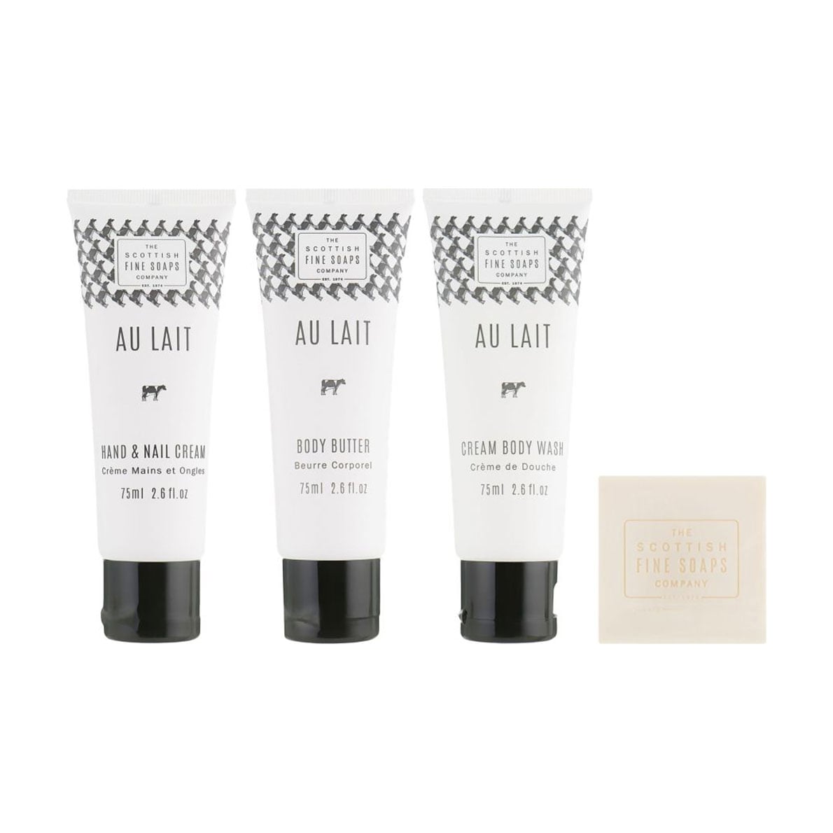 Уцінка! Набір для догляду за тілом Scottish Fine Soaps Au Lait (крем для тіла, 75 мл + крем для душу, 75 мл + крем для рук та нігтів, 75 мл + мило, 40 г)
