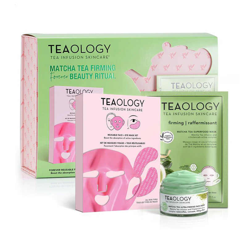 Уцінка! Набір для обличчя Teaology Matcha Tea Firming Forever Beauty Ritual (крем, 50 мл + маска, 21 мл + багаторазова маска, 1 шт)