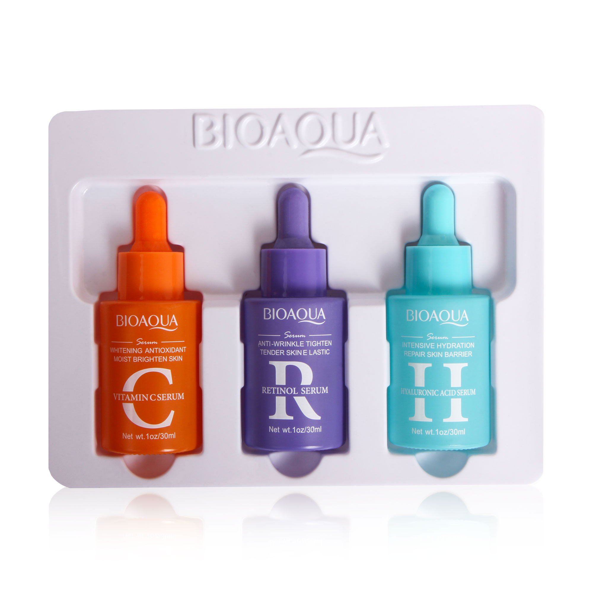 Уцінка! Набір сироваток для обличчя Bioaqua Serum Combination Set (вітамін С, 30 мл + ретинол, 30 мл + гіалуронова кислота, 30 мл)