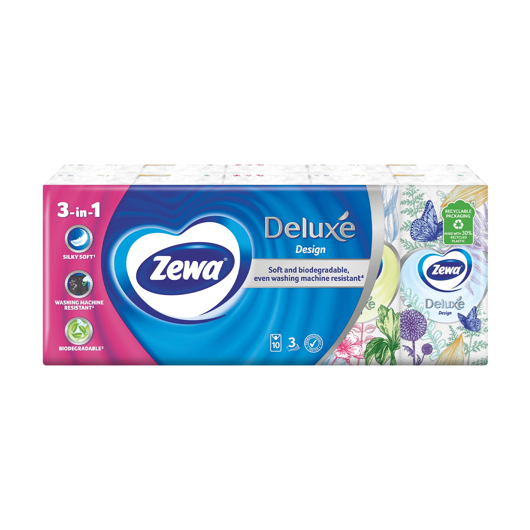 Уцінка! Паперові носові хустинки Zewa Deluxe Design 3-шарові, 10*10 шт